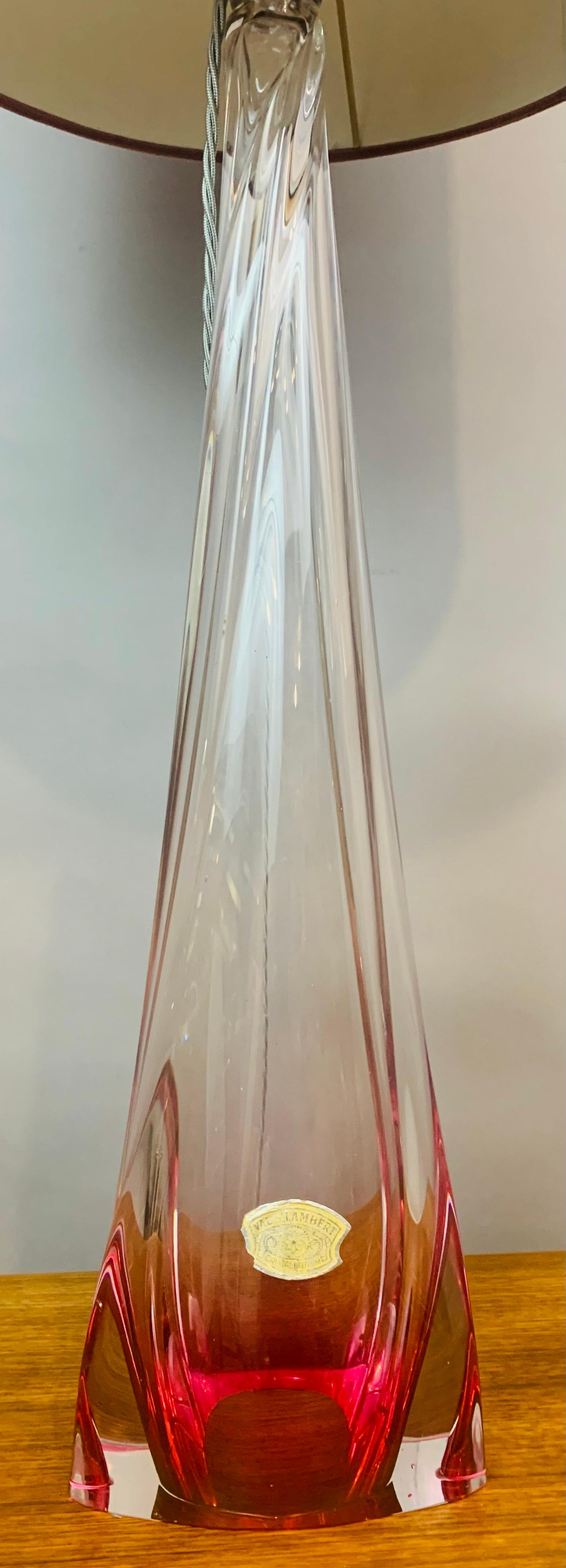 Tall 1950s Belgium Val Saint Lambert Pink & Clear Crystal Glass Table Lamp 5