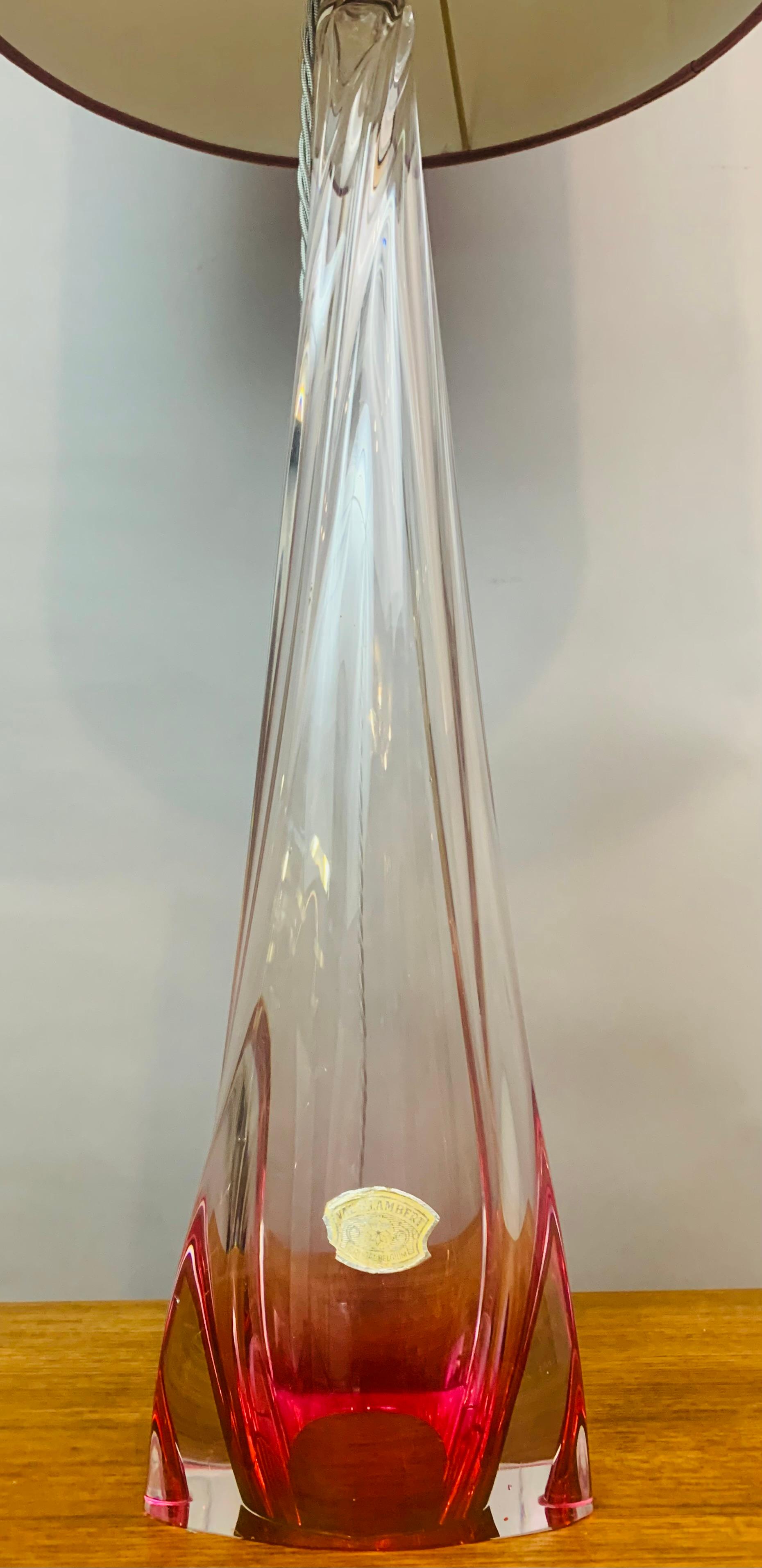 Tall 1950s Belgium Val Saint Lambert Pink & Clear Crystal Glass Table Lamp 7