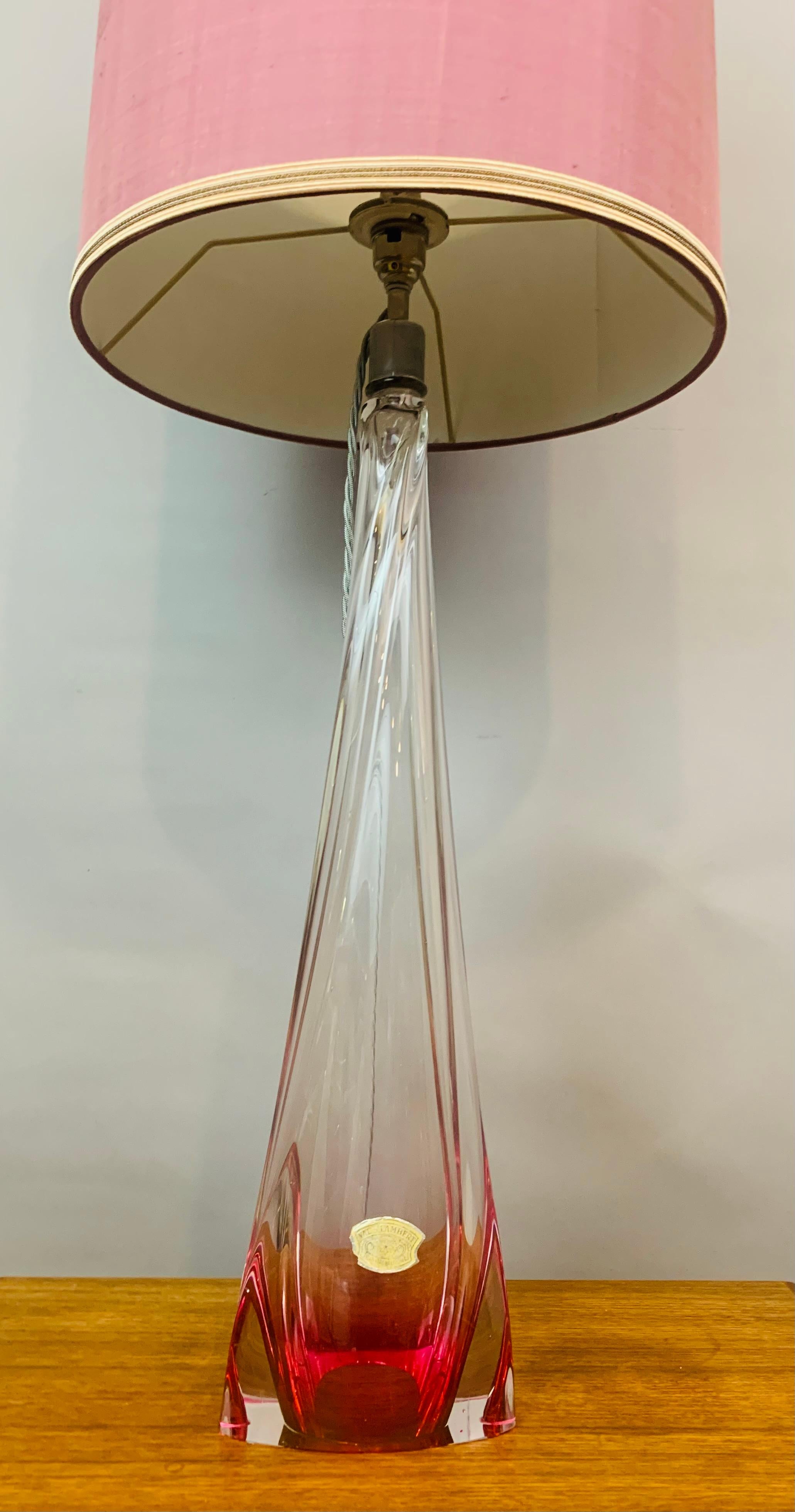Tall 1950s Belgium Val Saint Lambert Pink & Clear Crystal Glass Table Lamp 11