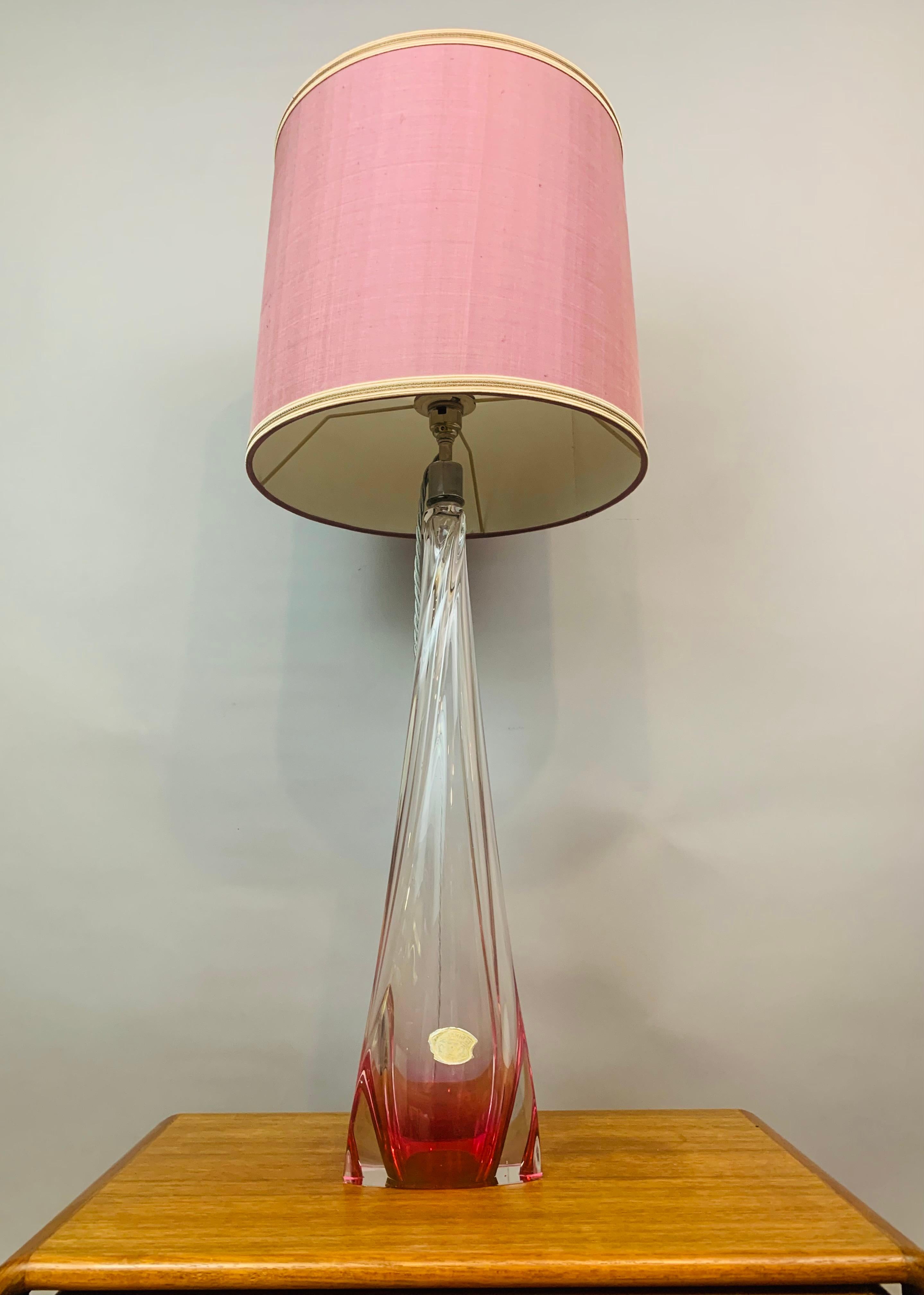 Tall 1950s Belgium Val Saint Lambert Pink & Clear Crystal Glass Table Lamp 12