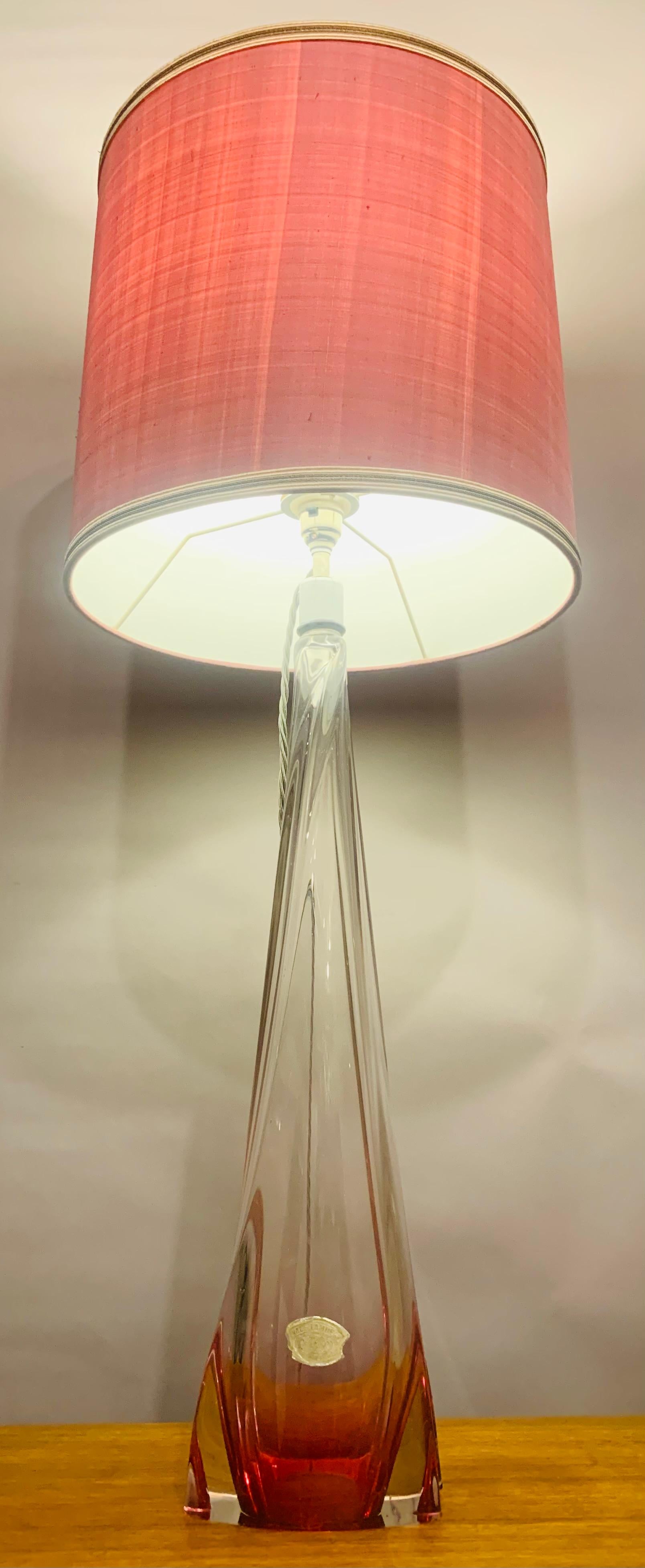 Mid-Century Modern Tall 1950s Belgium Val Saint Lambert Pink & Clear Crystal Glass Table Lamp