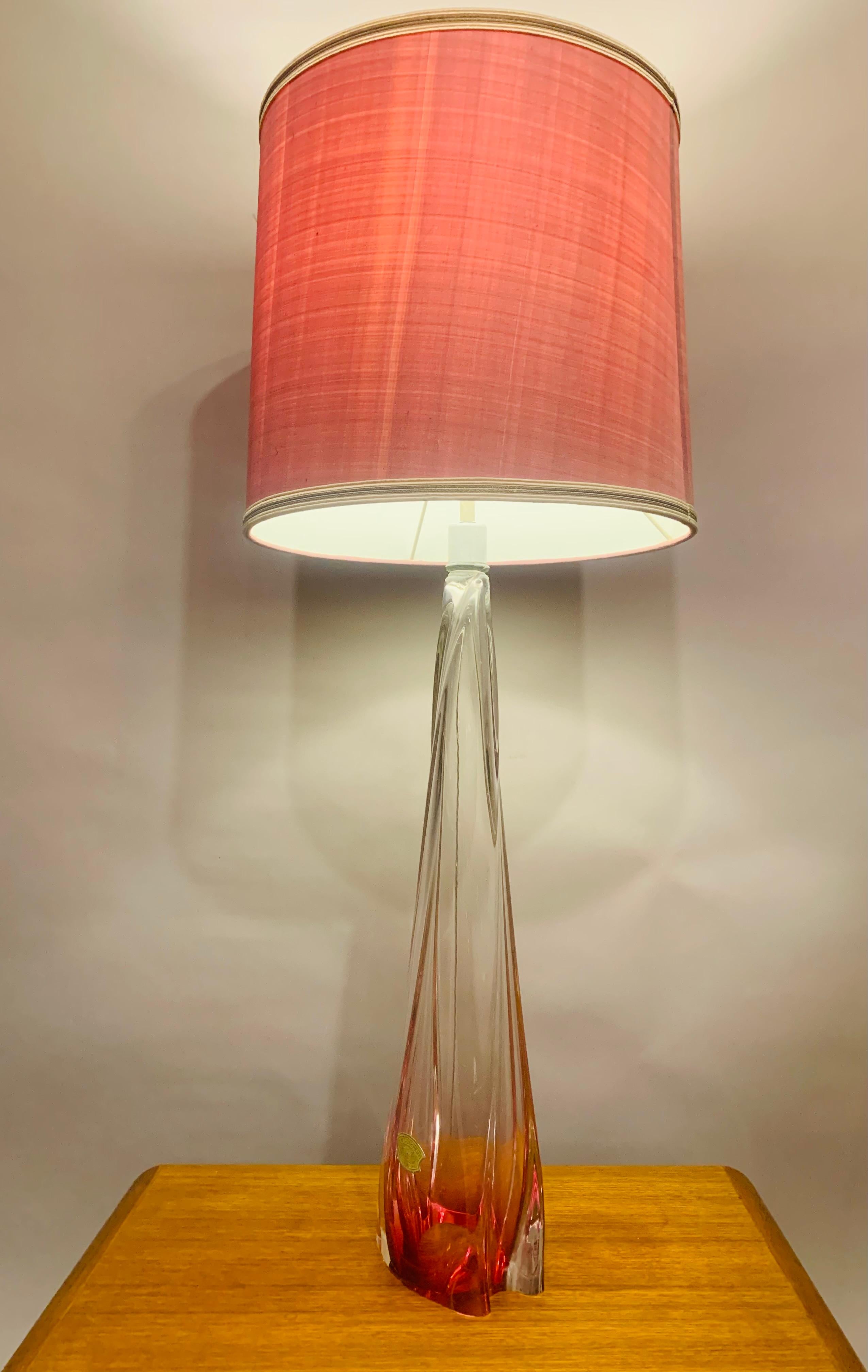 Belgian Tall 1950s Belgium Val Saint Lambert Pink & Clear Crystal Glass Table Lamp