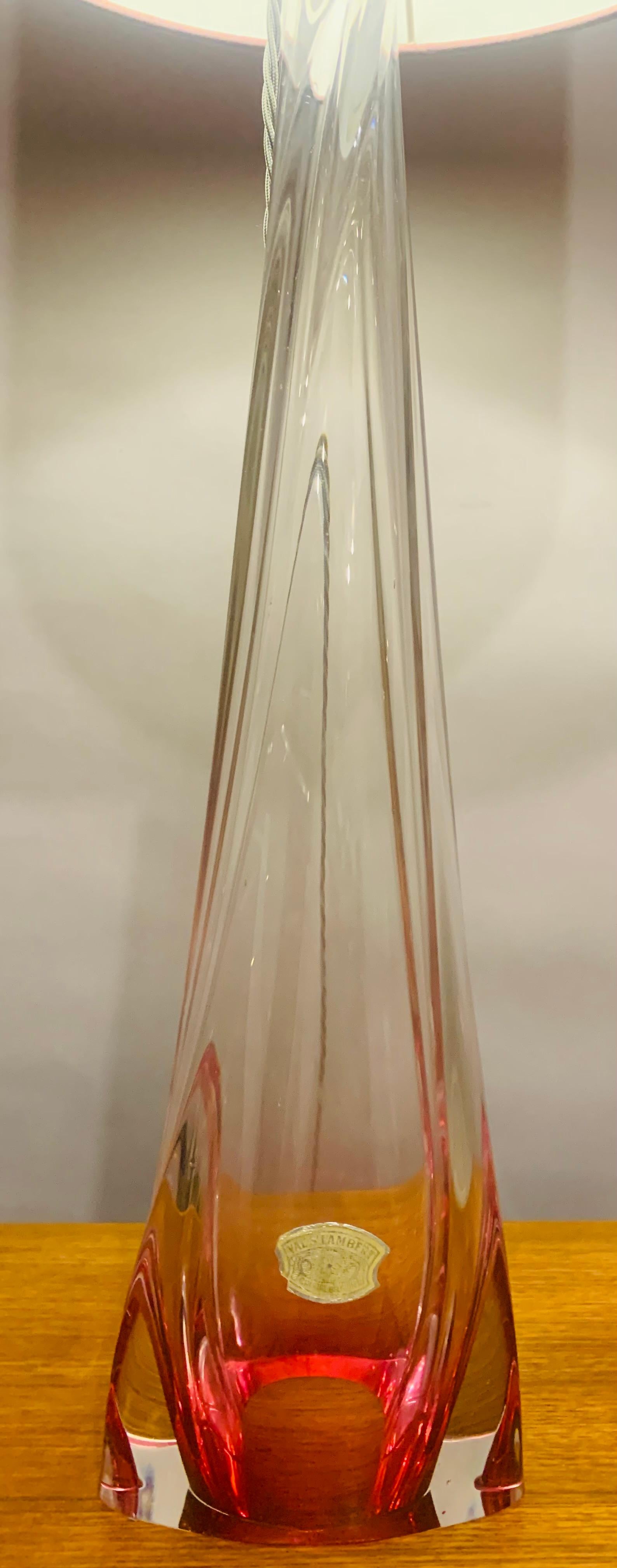 Brass Tall 1950s Belgium Val Saint Lambert Pink & Clear Crystal Glass Table Lamp