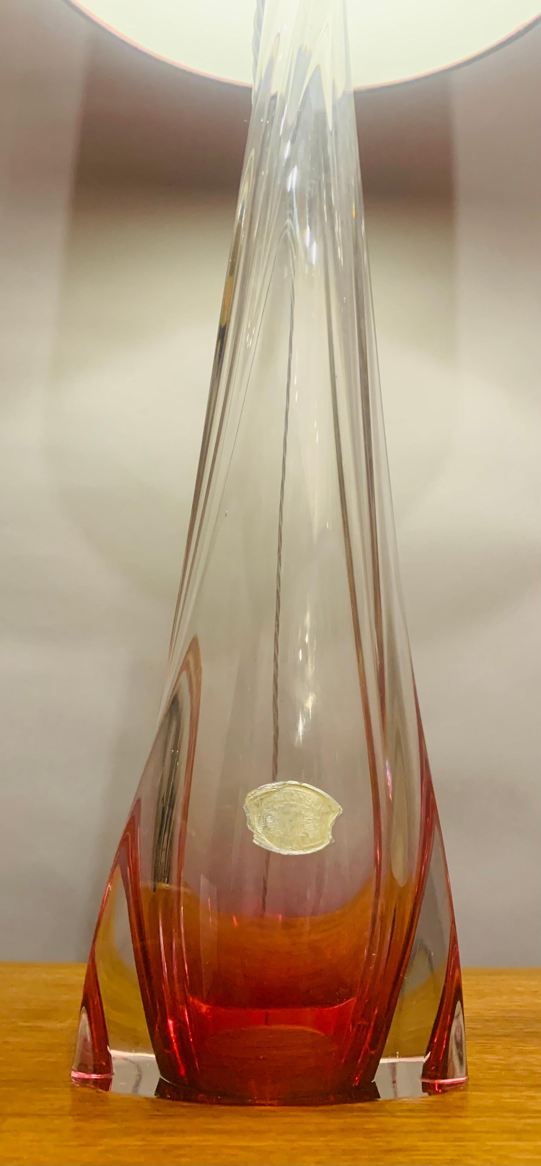 Tall 1950s Belgium Val Saint Lambert Pink & Clear Crystal Glass Table Lamp 1