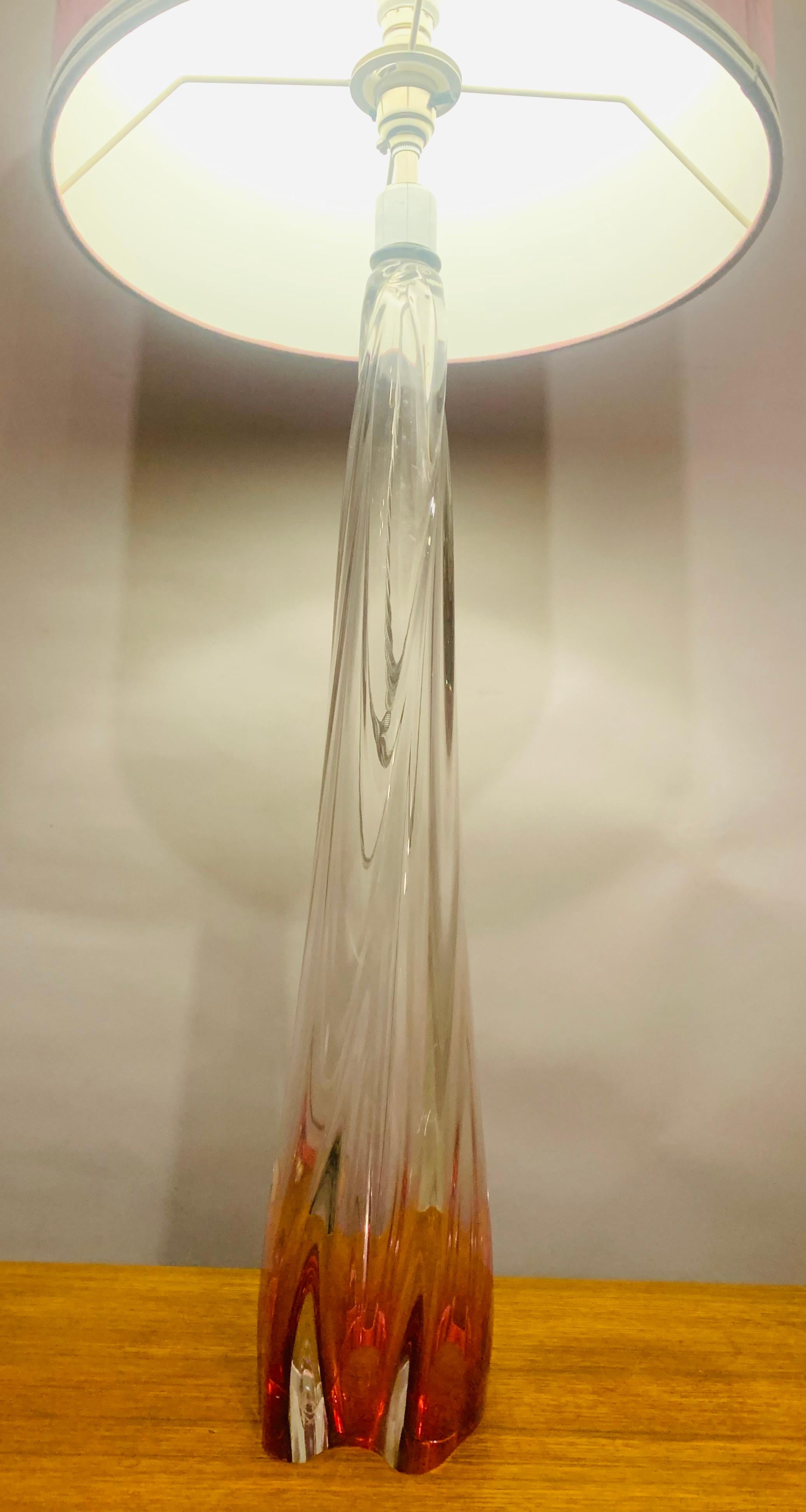 Tall 1950s Belgium Val Saint Lambert Pink & Clear Crystal Glass Table Lamp 2