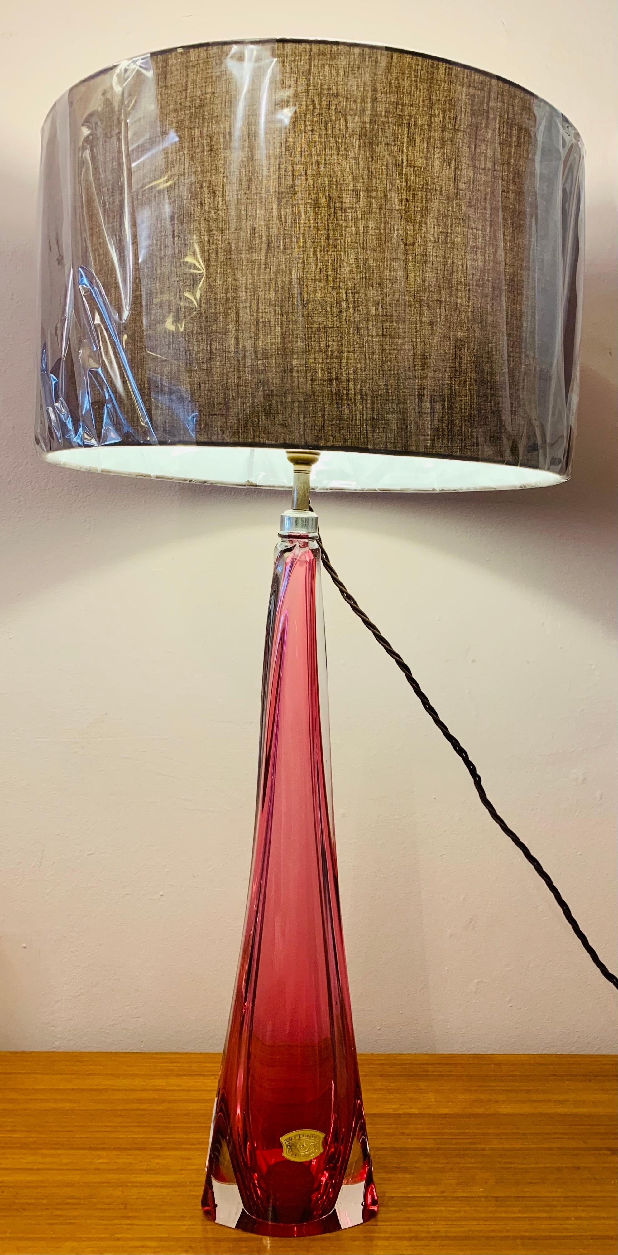 Mid-Century Modern Tall 1950s Belgium Val St Lambert Pink & Clear Crystal Glass Table Lamp