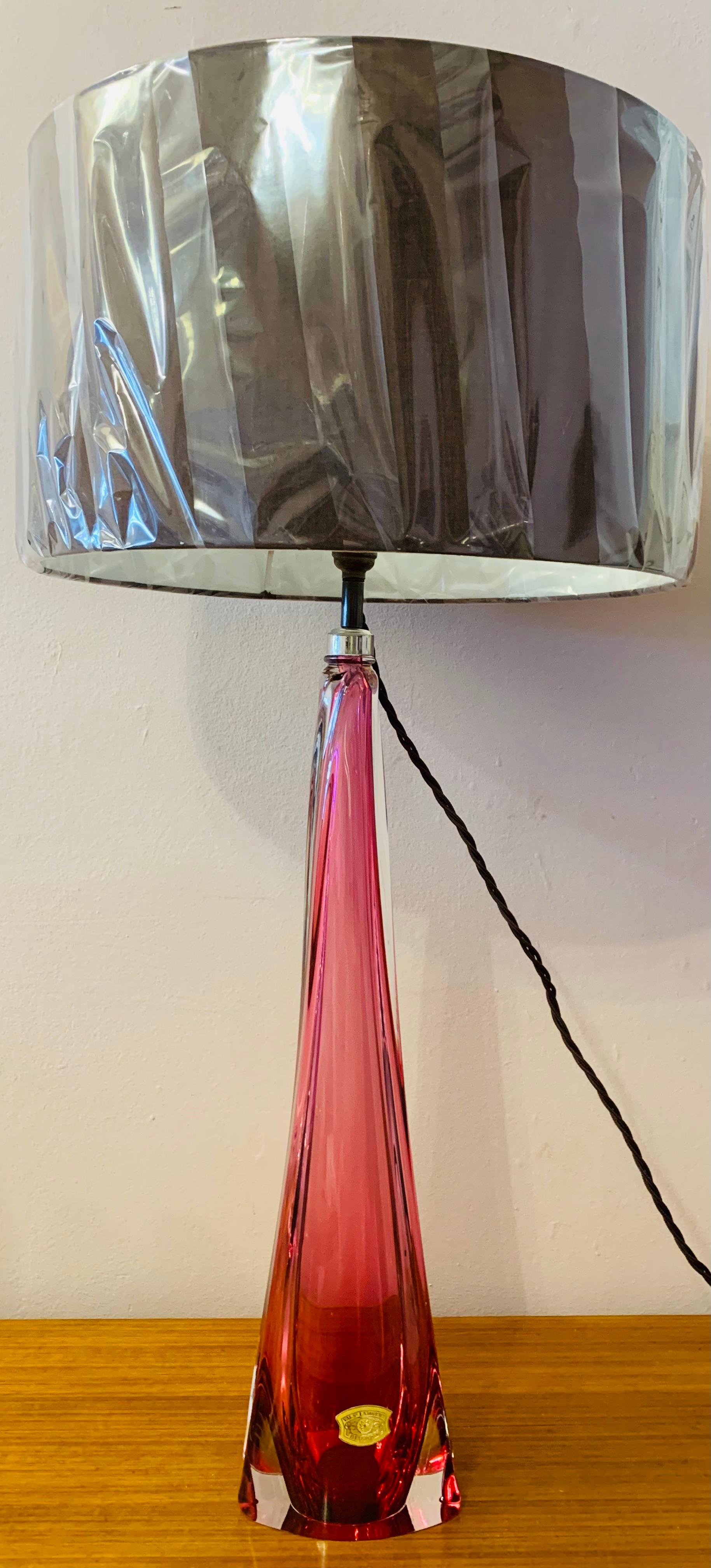 Belgian Tall 1950s Belgium Val St Lambert Pink & Clear Crystal Glass Table Lamp