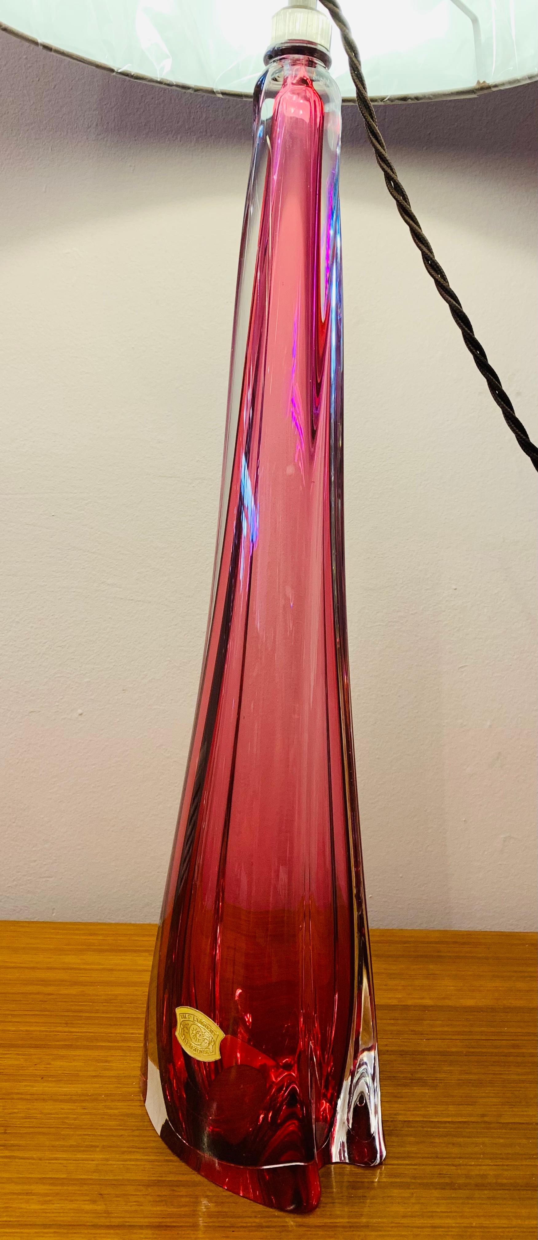 Brass Tall 1950s Belgium Val St Lambert Pink & Clear Crystal Glass Table Lamp