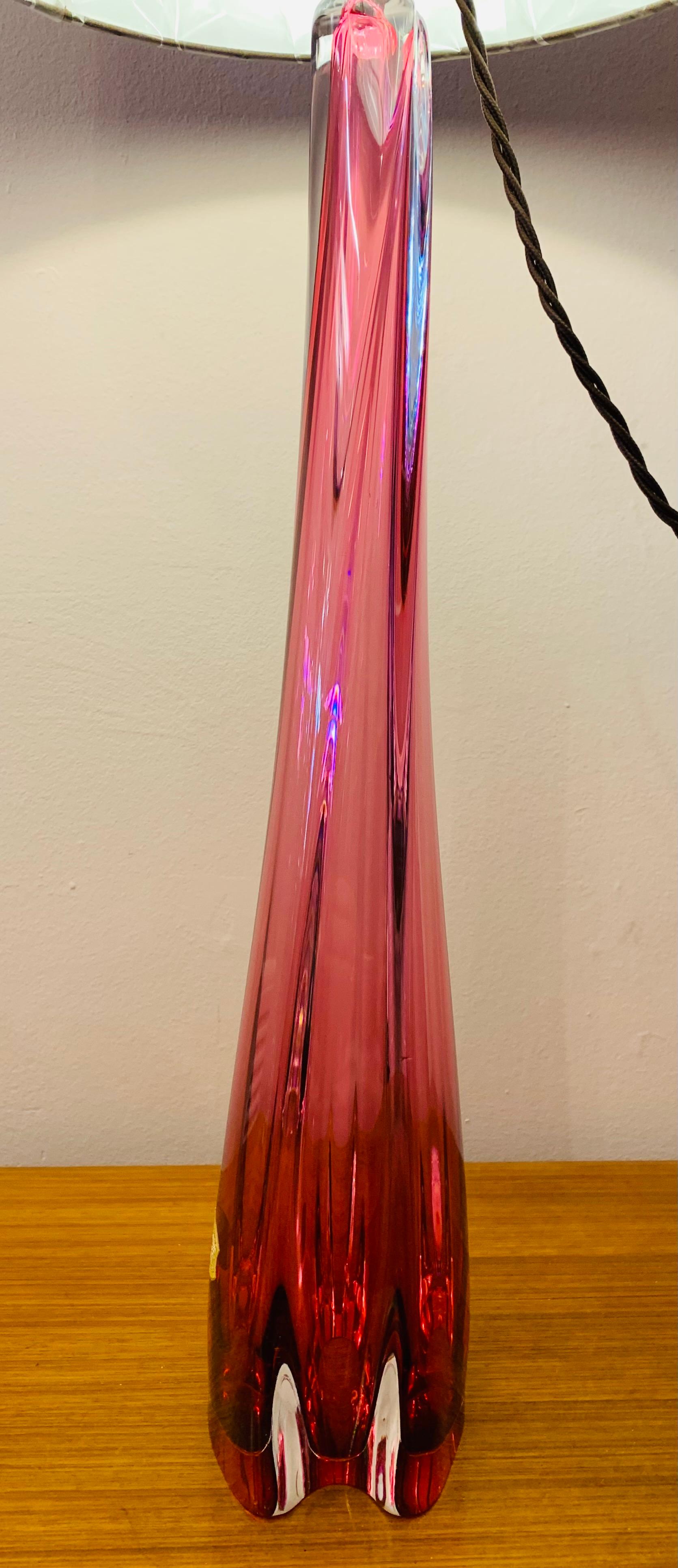 Tall 1950s Belgium Val St Lambert Pink & Clear Crystal Glass Table Lamp 1