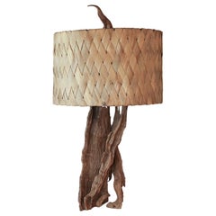 Tall 1960s Driftwood Lamp with Original Banana Leaf Shade