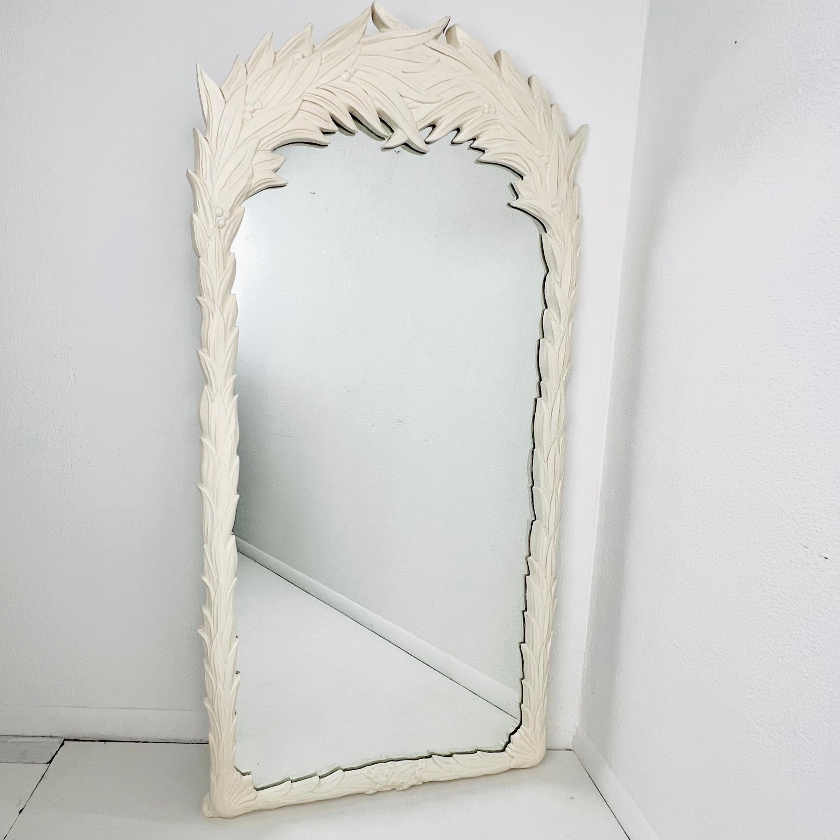 Wonderfully executed faux bois resin tall mirror in the manner of Serge Roche, circa 1970. Finished in antique white lacquer. Good vintage condition with some cracks at top of frame and one piece of back edge missing (not visible when viewed from