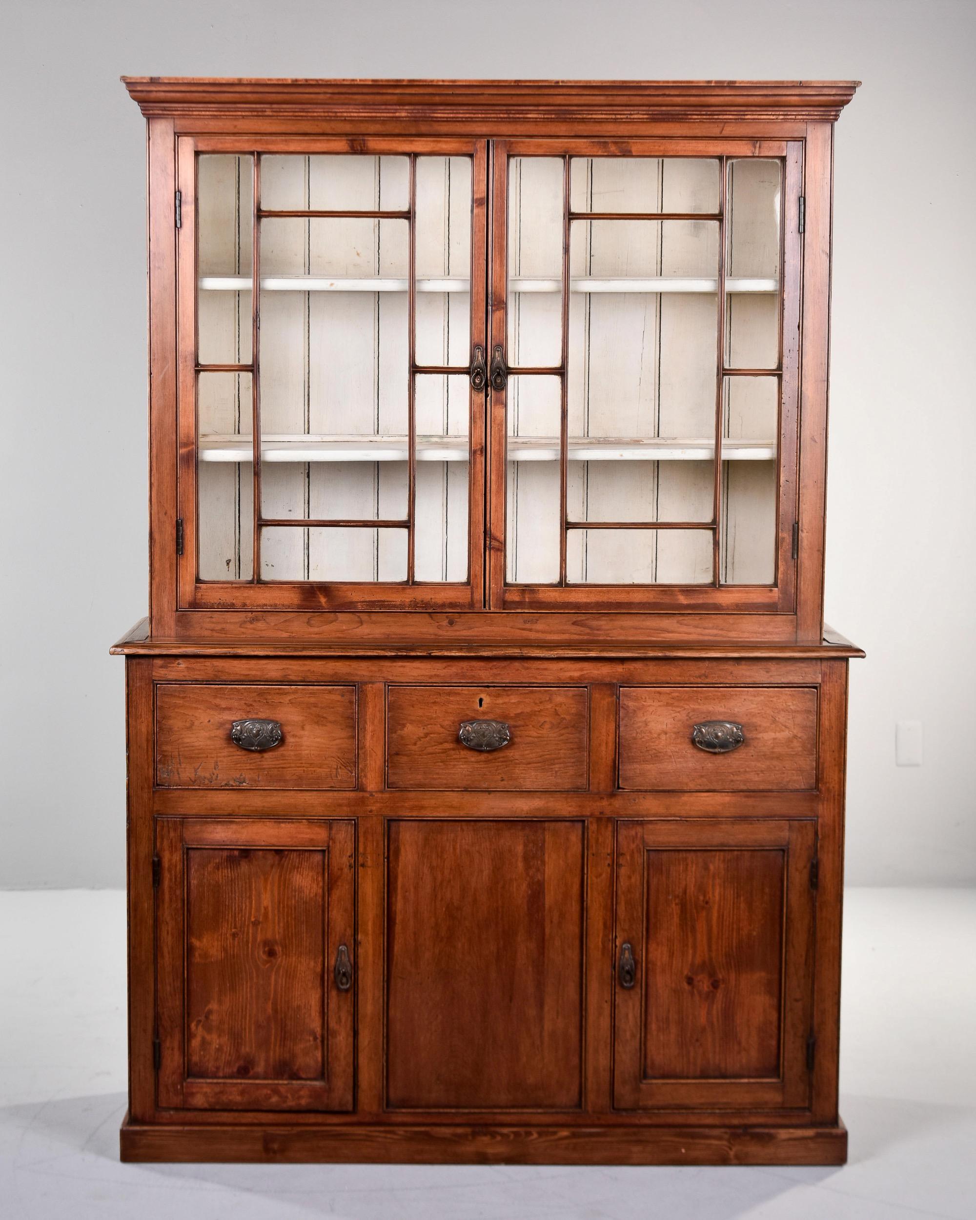 Tall 19th C English Pine Cupboard With Glazed Top In Good Condition For Sale In Troy, MI