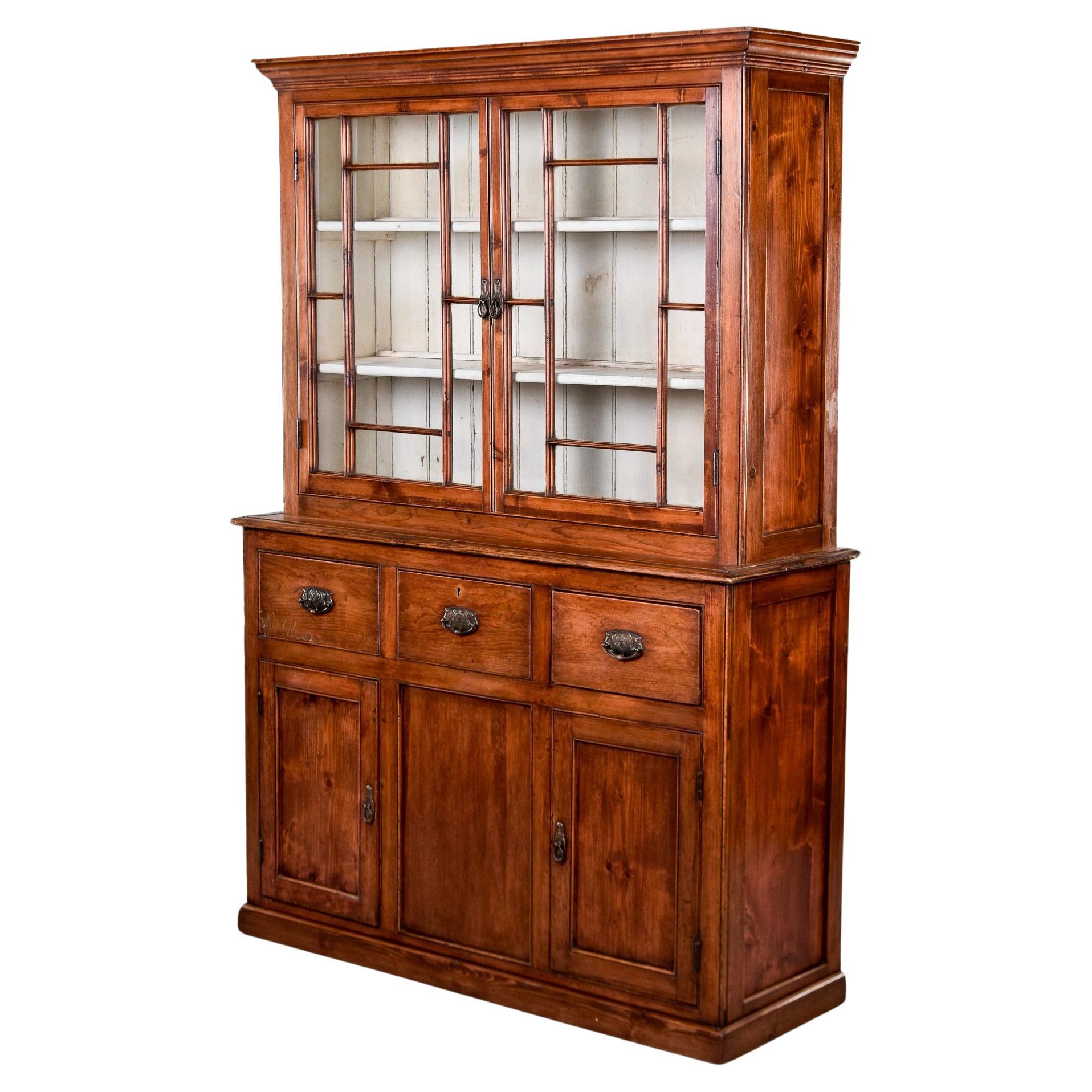 Tall 19th C English Pine Cupboard With Glazed Top For Sale