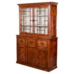 Antique Tall 19th C English Pine Cupboard With Glazed Top