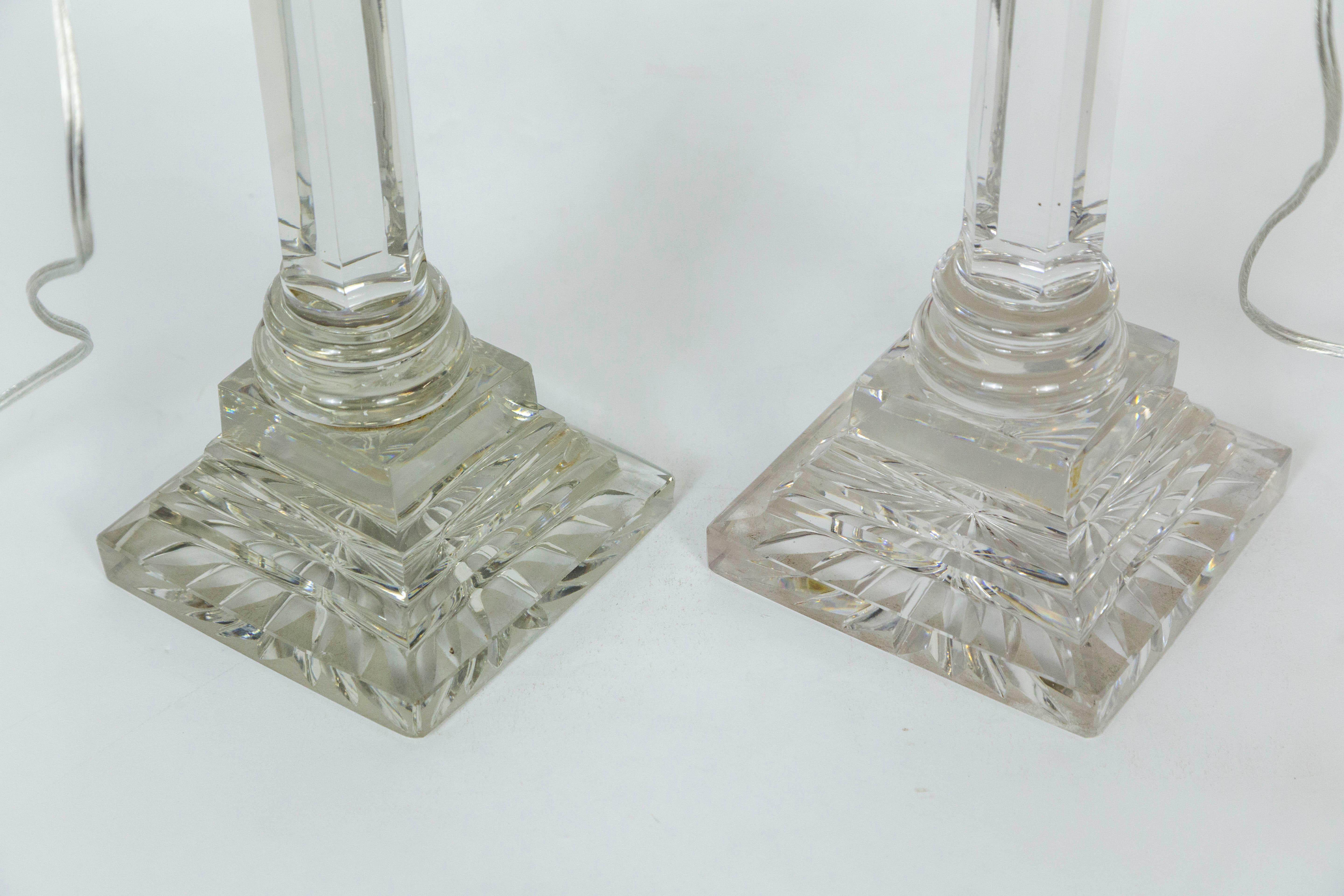 Tall 19th Century Neoclassical Solid Crystal Converted Oil Lamps ‘Pair’ 4