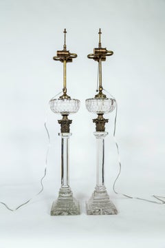 Tall 19th Century Neoclassical Solid Crystal Converted Oil Lamps ‘Pair’