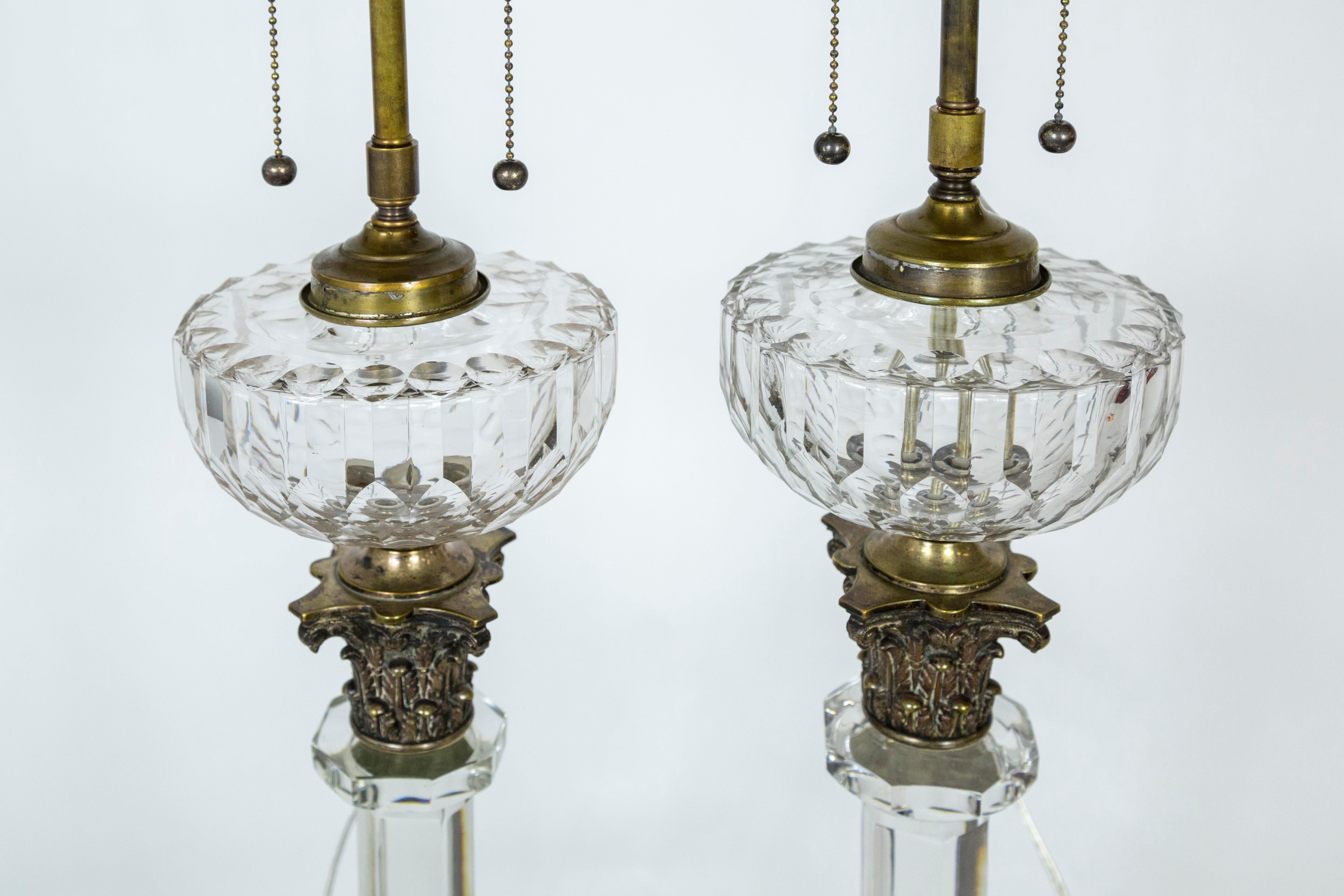 Neoclassical Revival Tall 19th Century Neoclassical Solid Crystal Converted Oil Lamps ‘Pair’