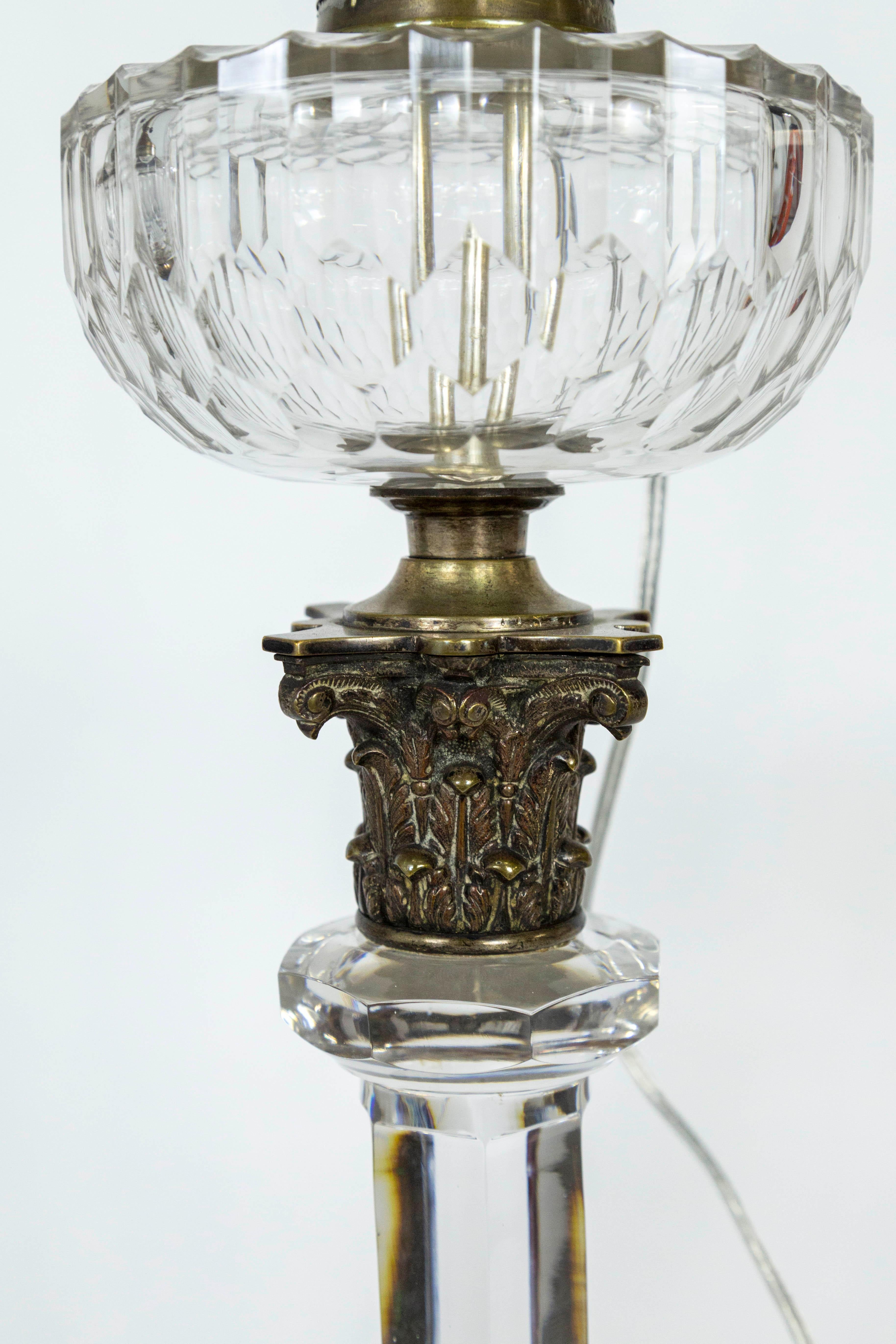 Tall 19th Century Neoclassical Solid Crystal Converted Oil Lamps ‘Pair’ In Good Condition In San Francisco, CA