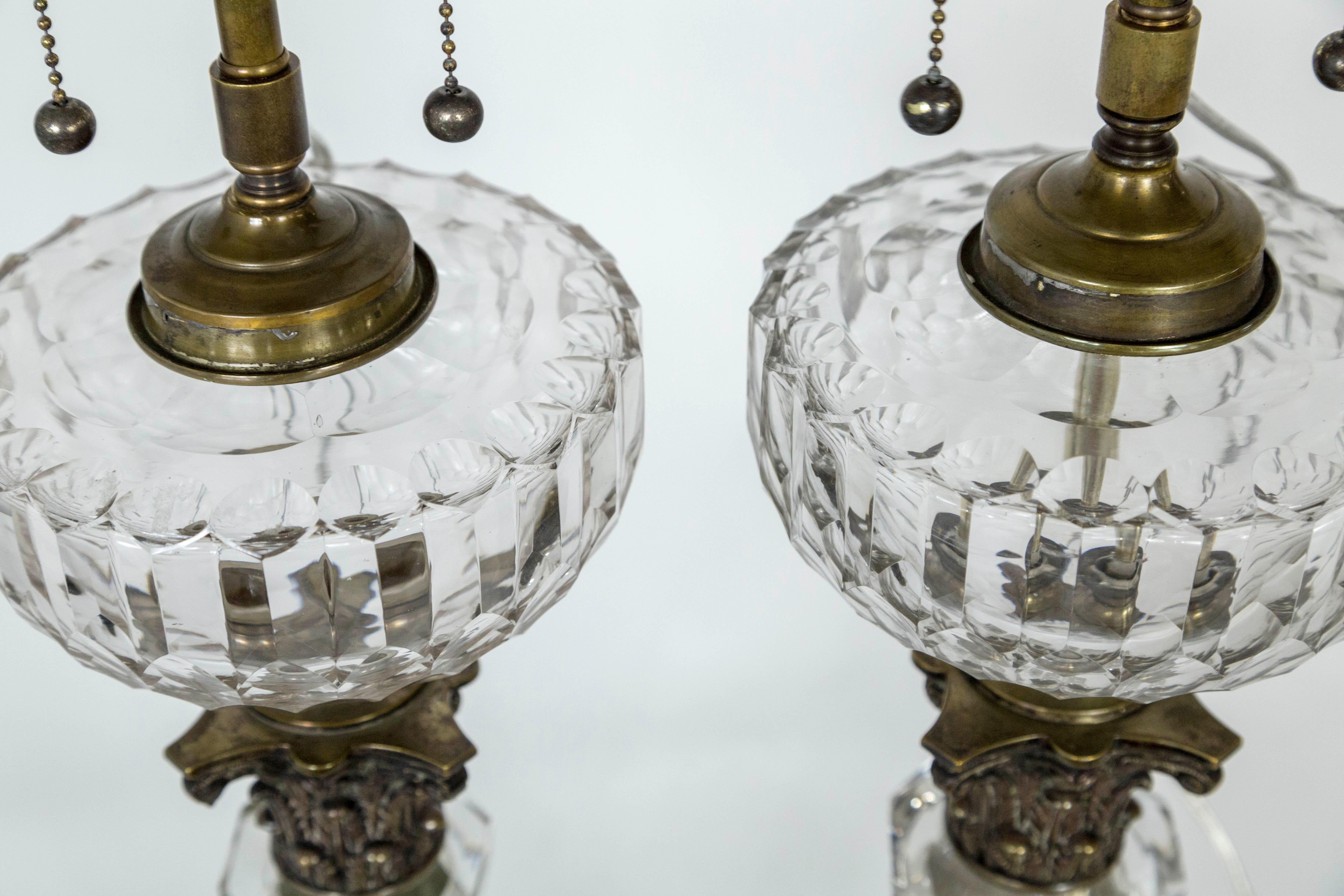 Tall 19th Century Neoclassical Solid Crystal Converted Oil Lamps ‘Pair’ 1