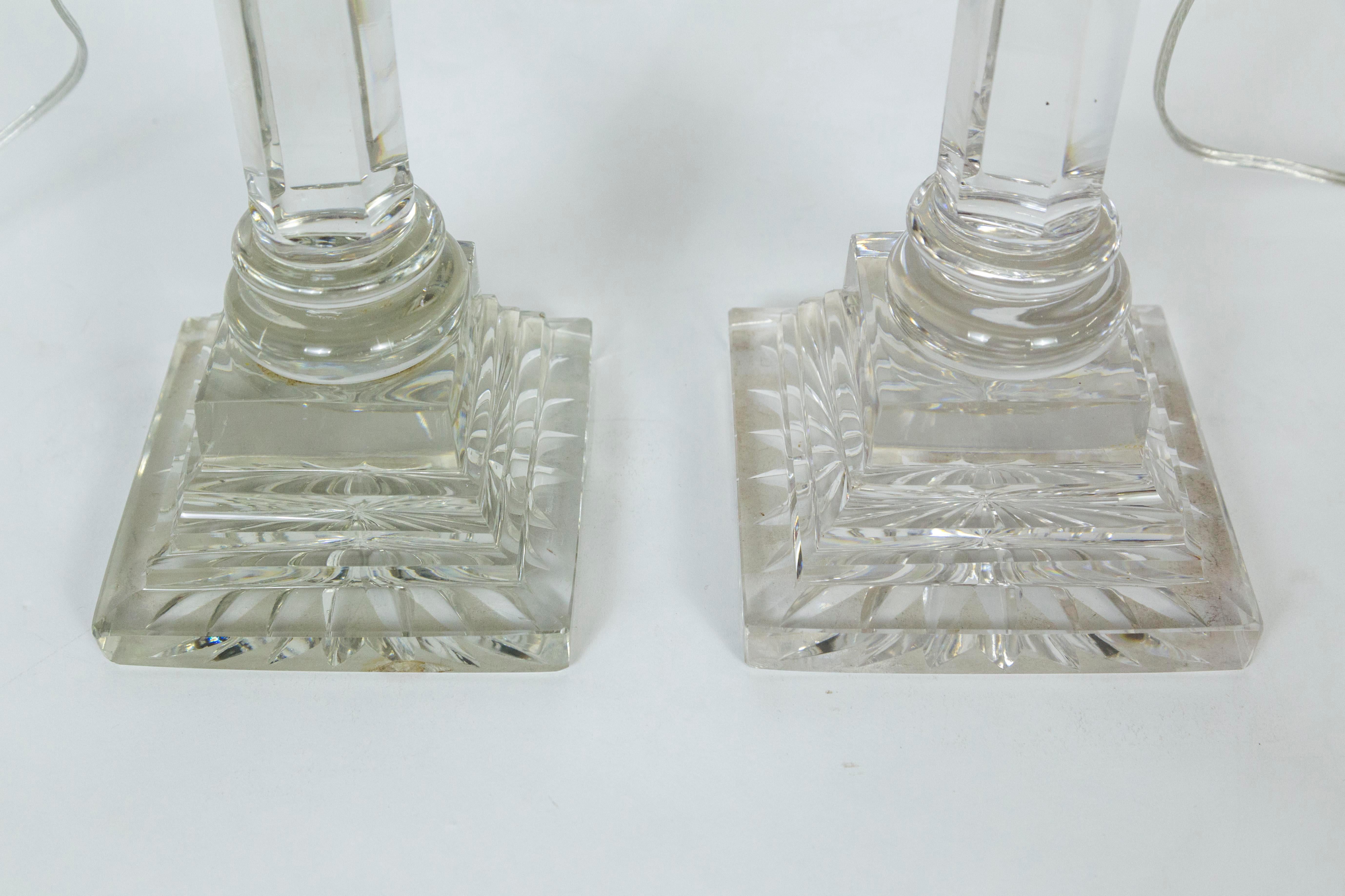 Tall 19th Century Neoclassical Solid Crystal Converted Oil Lamps ‘Pair’ 2