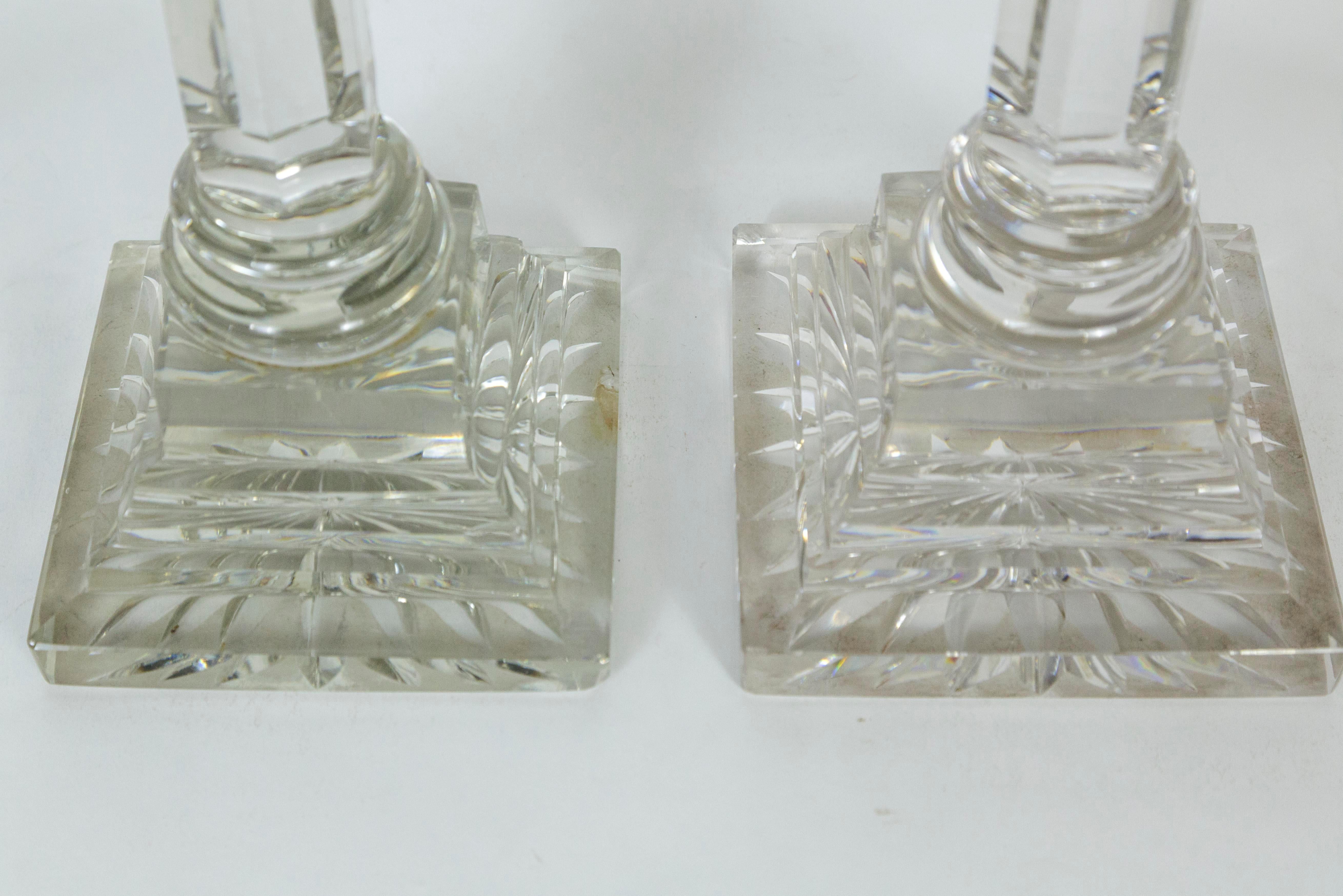 Tall 19th Century Neoclassical Solid Crystal Converted Oil Lamps ‘Pair’ 3
