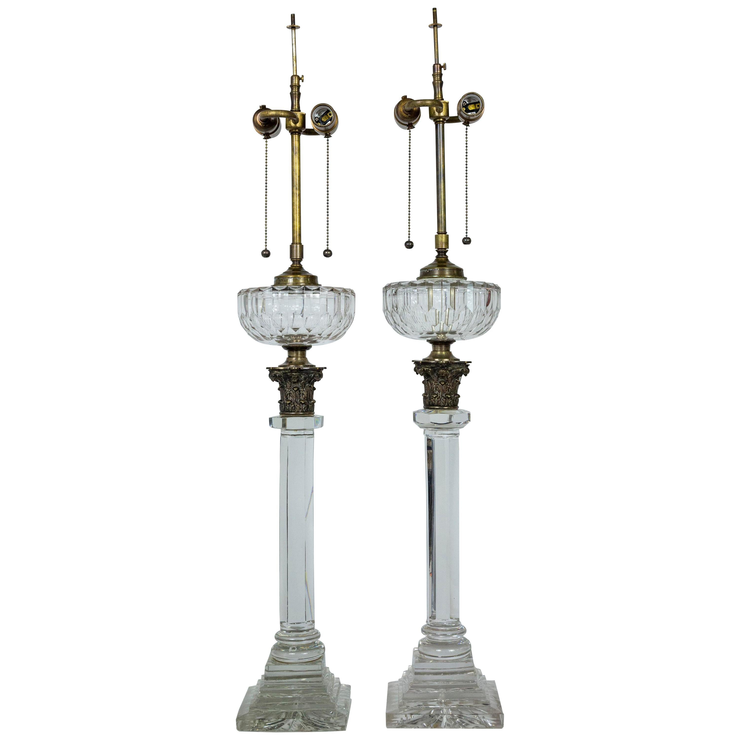 Tall 19th Century Neoclassical Solid Crystal Converted Oil Lamps ‘Pair’
