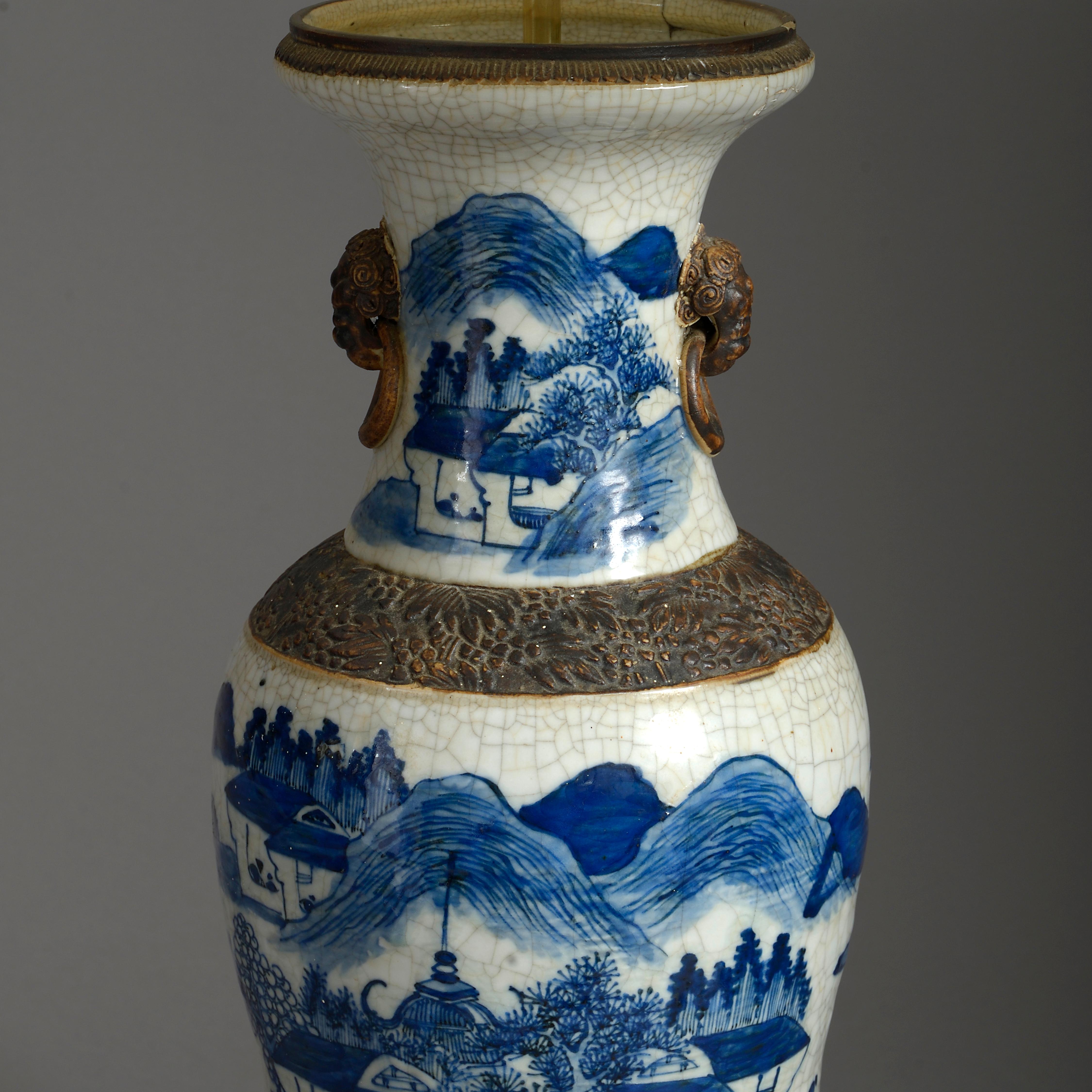 Chinese Export Tall 19th Century Blue & White Glazed Crackleware Vase Lamp