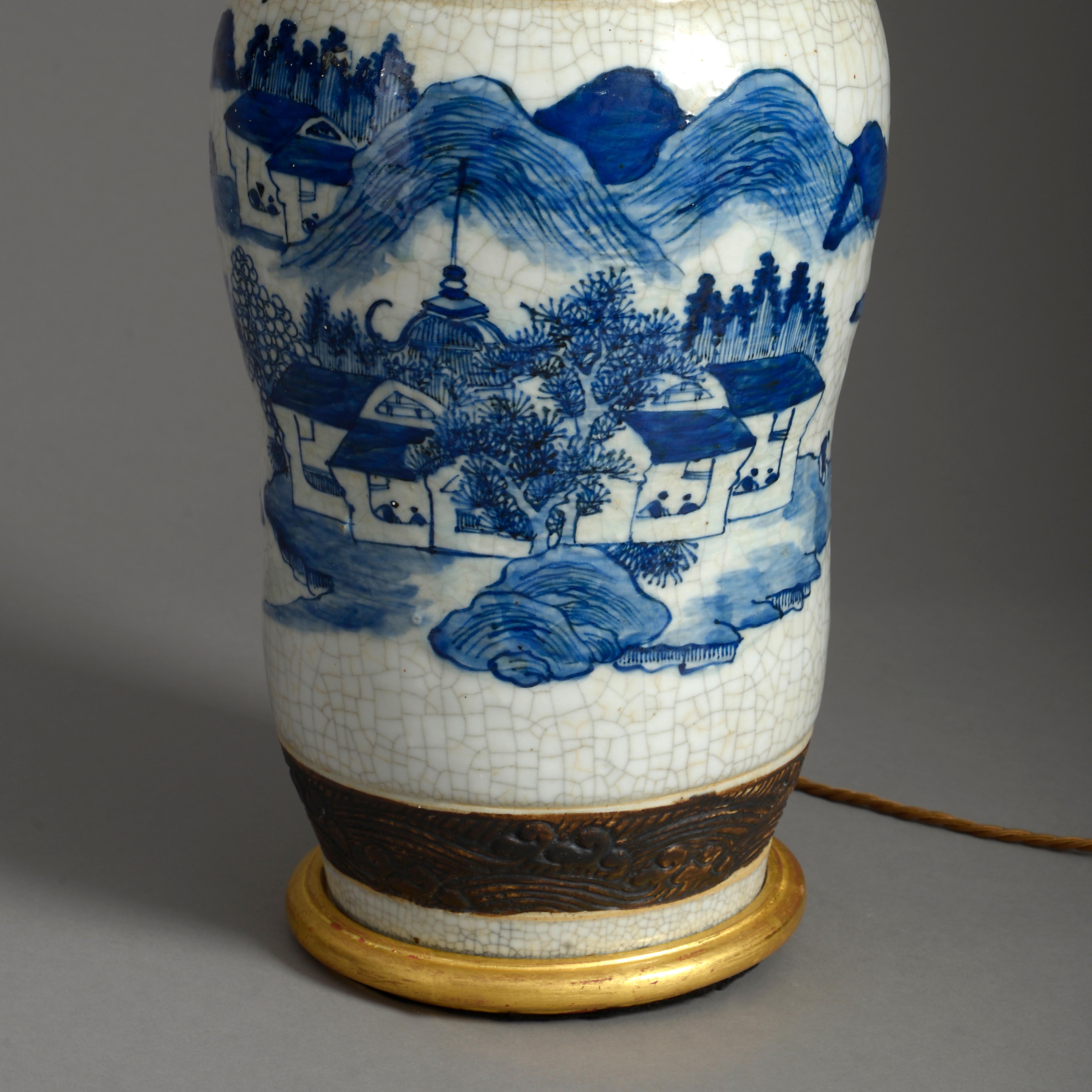 Chinese Tall 19th Century Blue & White Glazed Crackleware Vase Lamp