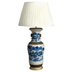 Antique Tall 19th Century Blue & White Glazed Crackleware Vase Lamp