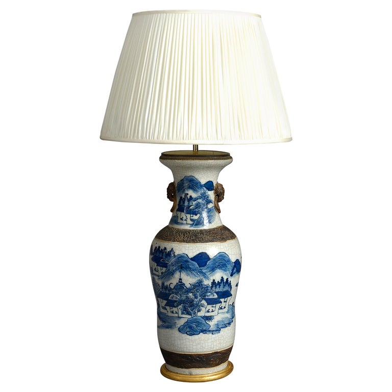 Tall 19th Century Blue & White Glazed Crackleware Vase Lamp For Sale