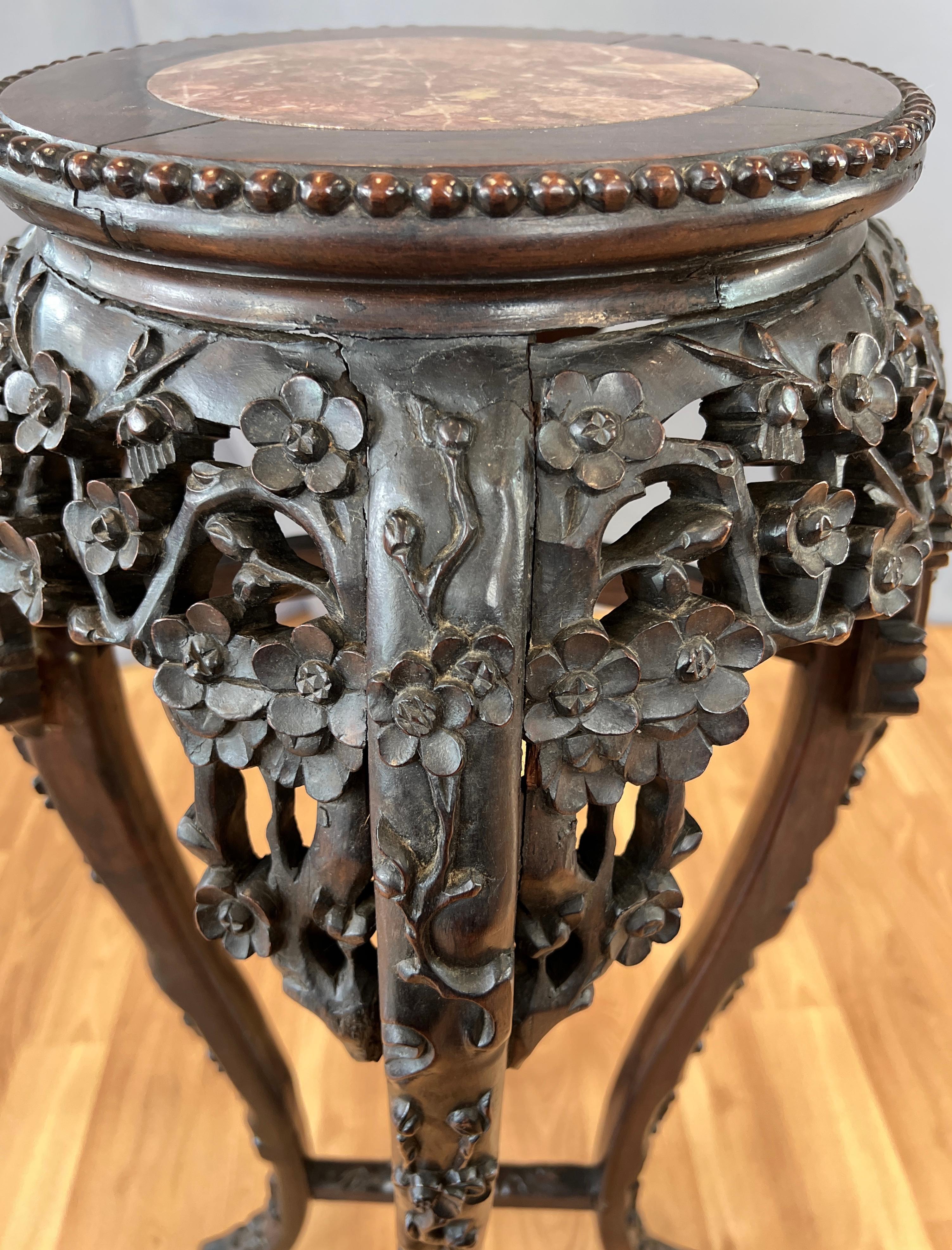 Tall 19th Century Chinese Carved Rosewood and Marble Plant Stand For Sale 2