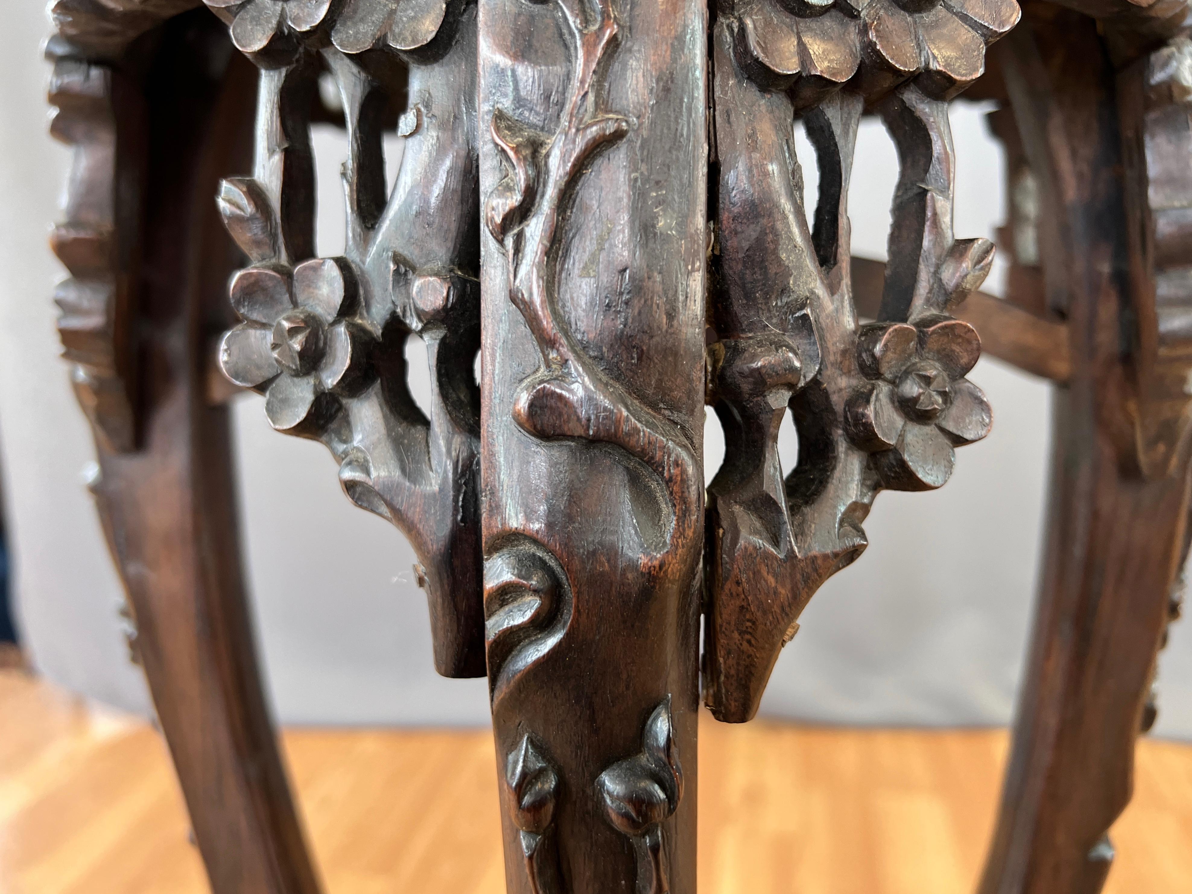 Tall 19th Century Chinese Carved Rosewood and Marble Plant Stand For Sale 9
