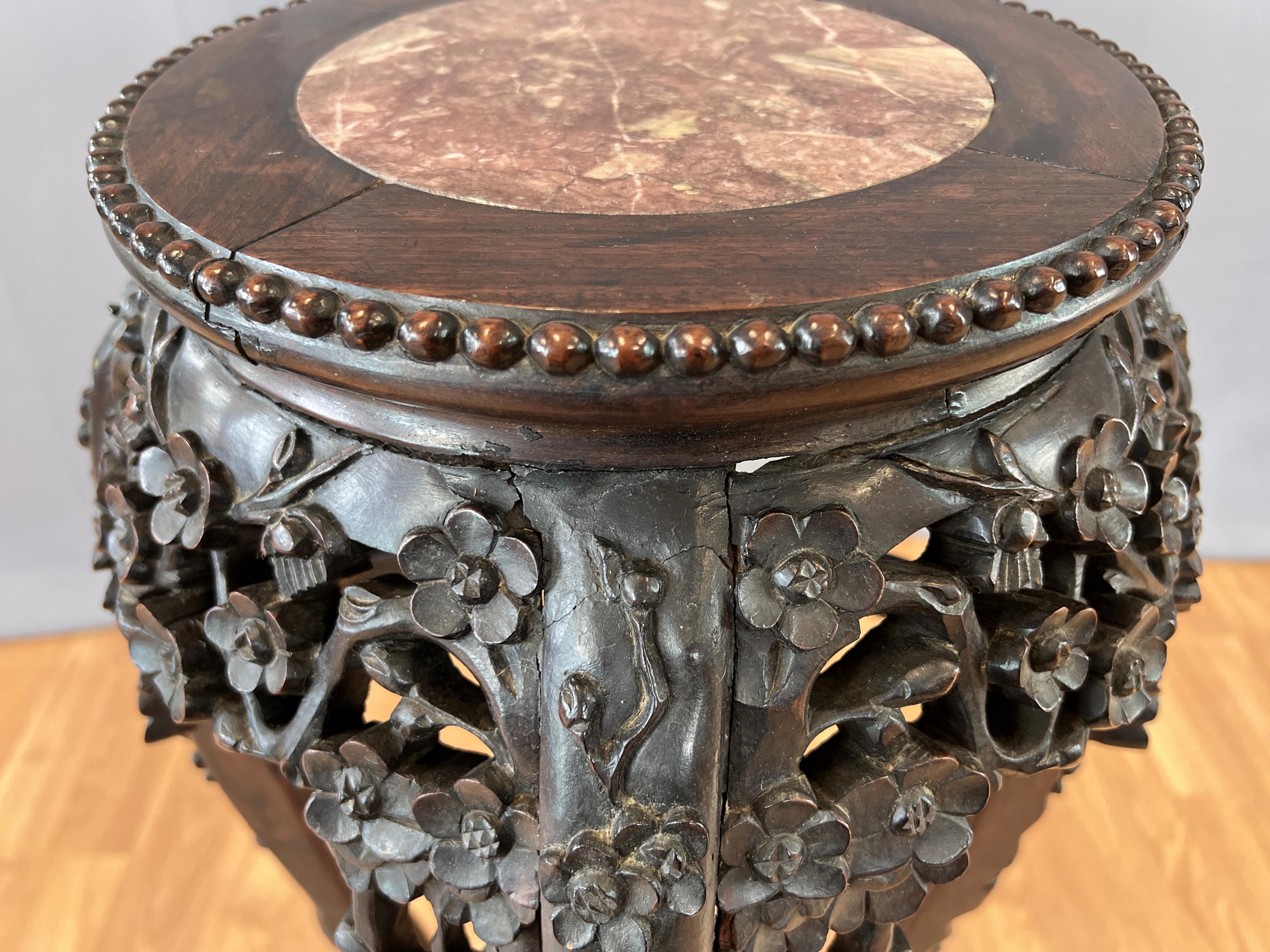 Tall 19th Century Chinese Carved Rosewood and Marble Plant Stand For Sale 11