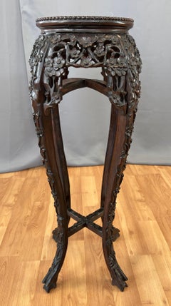 Tall 19th Century Chinese Carved Rosewood and Marble Plant Stand