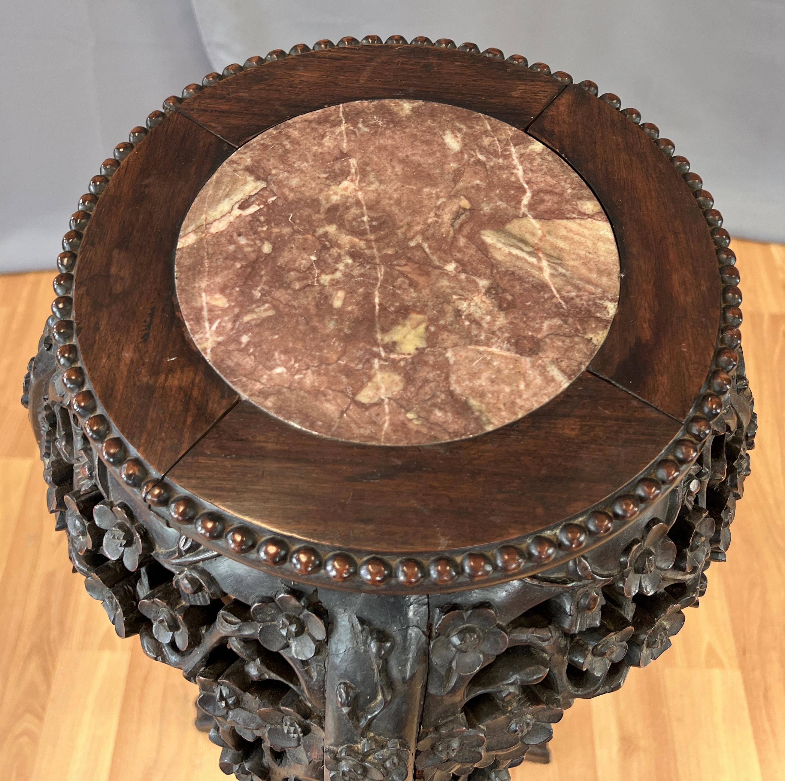 Tall 19th Century Chinese Carved Rosewood and Marble Plant Stand For Sale 12