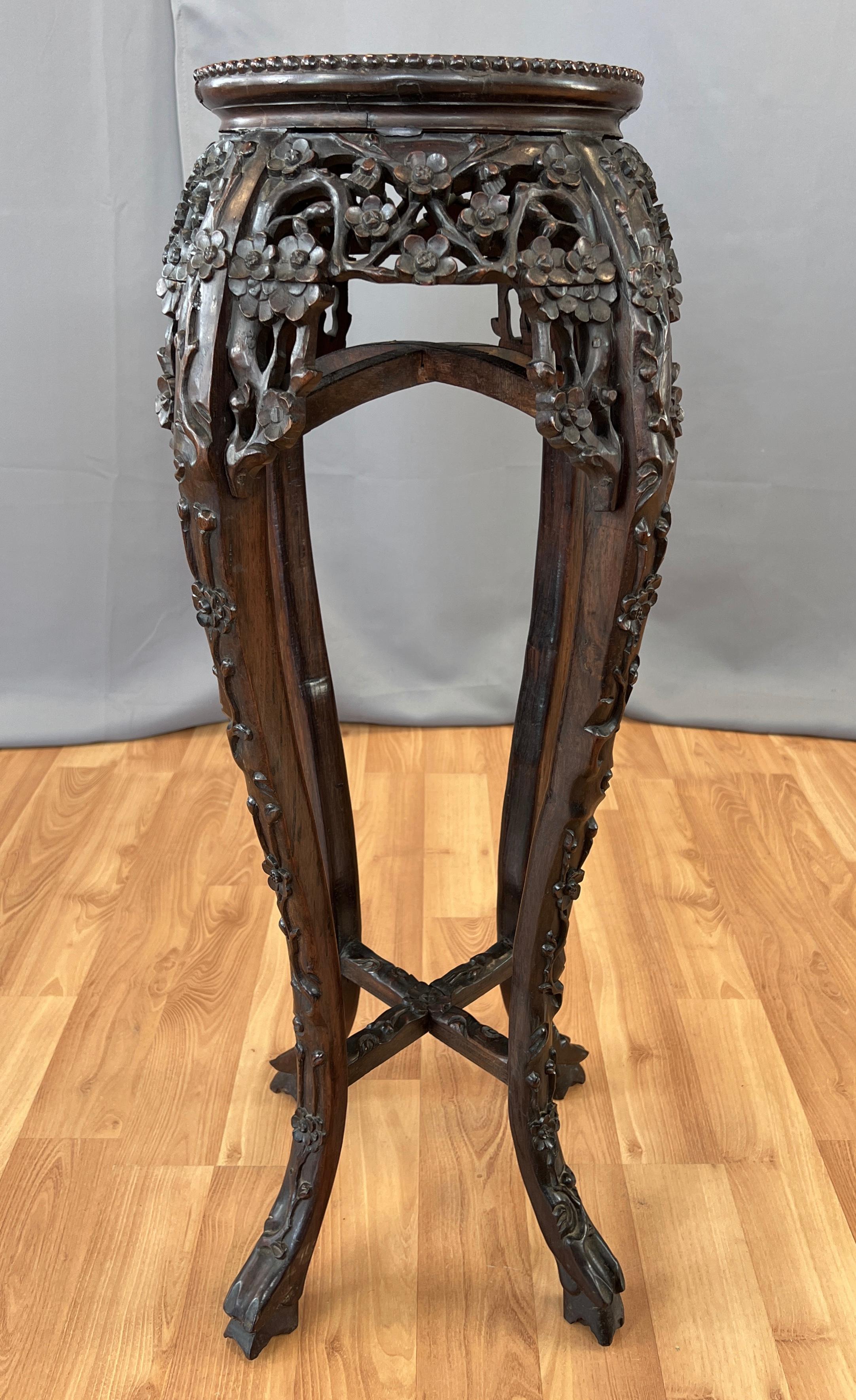Chinese Export Tall 19th Century Chinese Carved Rosewood and Marble Plant Stand For Sale