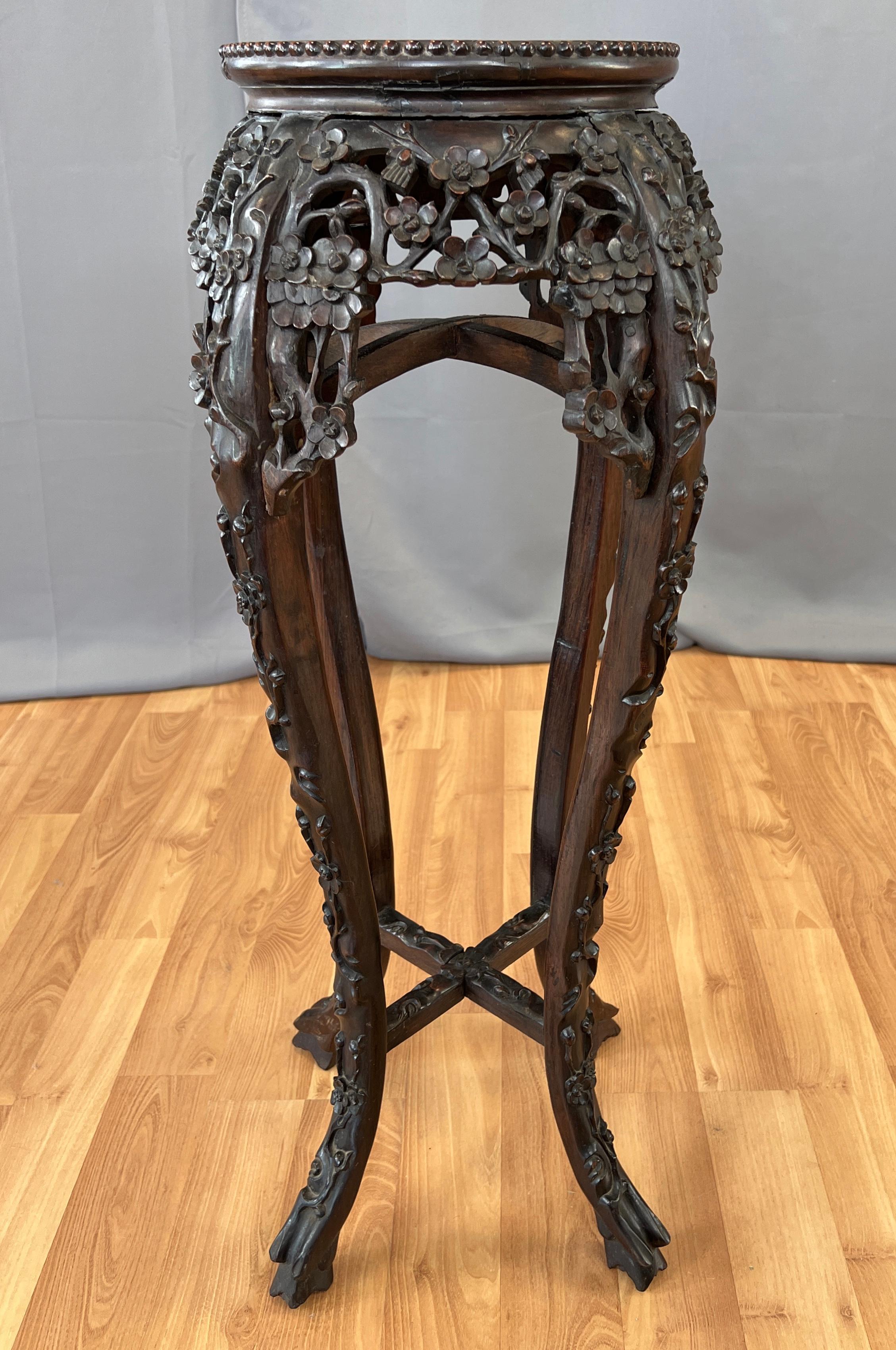 Hand-Carved Tall 19th Century Chinese Carved Rosewood and Marble Plant Stand For Sale
