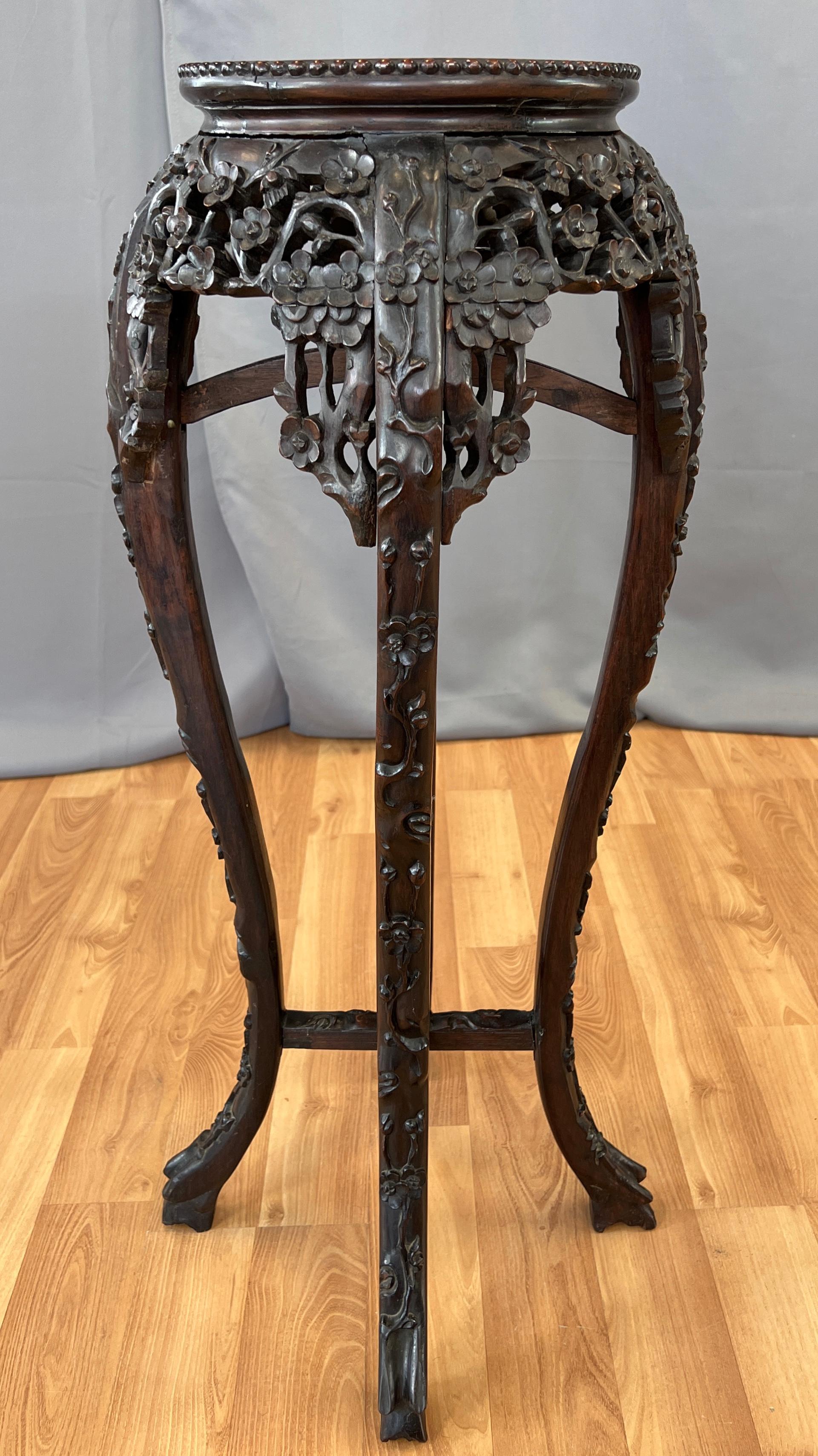 Tall 19th Century Chinese Carved Rosewood and Marble Plant Stand In Good Condition For Sale In San Francisco, CA