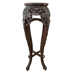 Tall 19th Century Chinese Carved Rosewood and Marble Plant Stand