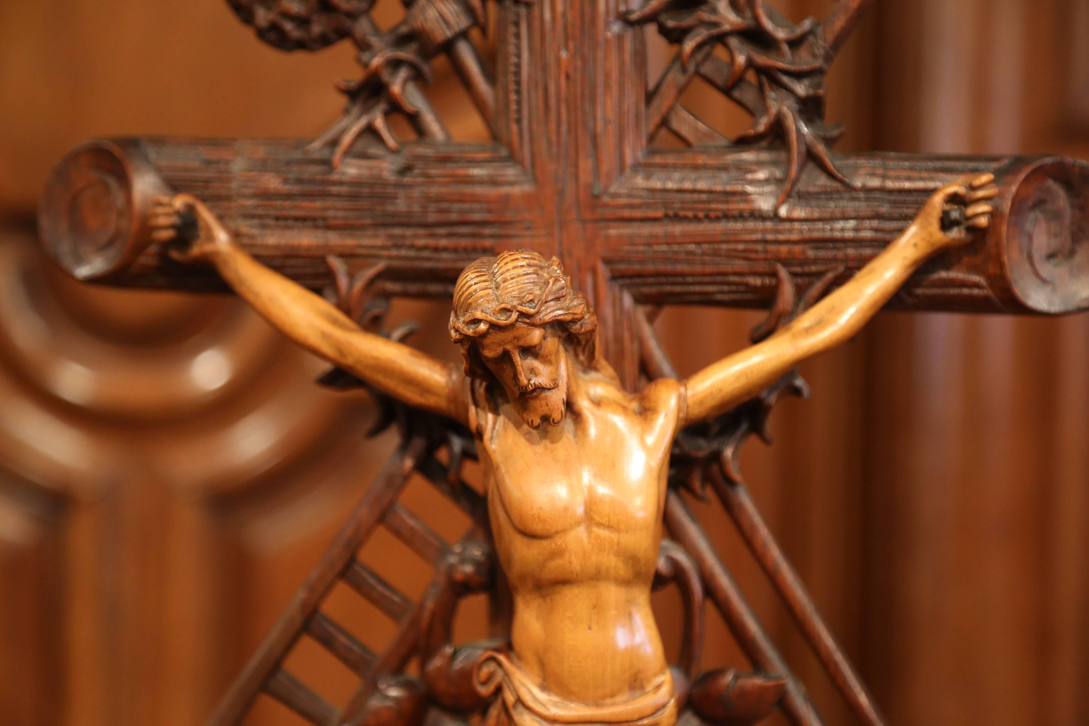 Hand-Carved Tall 19th Century French Black Forest Carved Walnut Crucifix with Jesus Christ