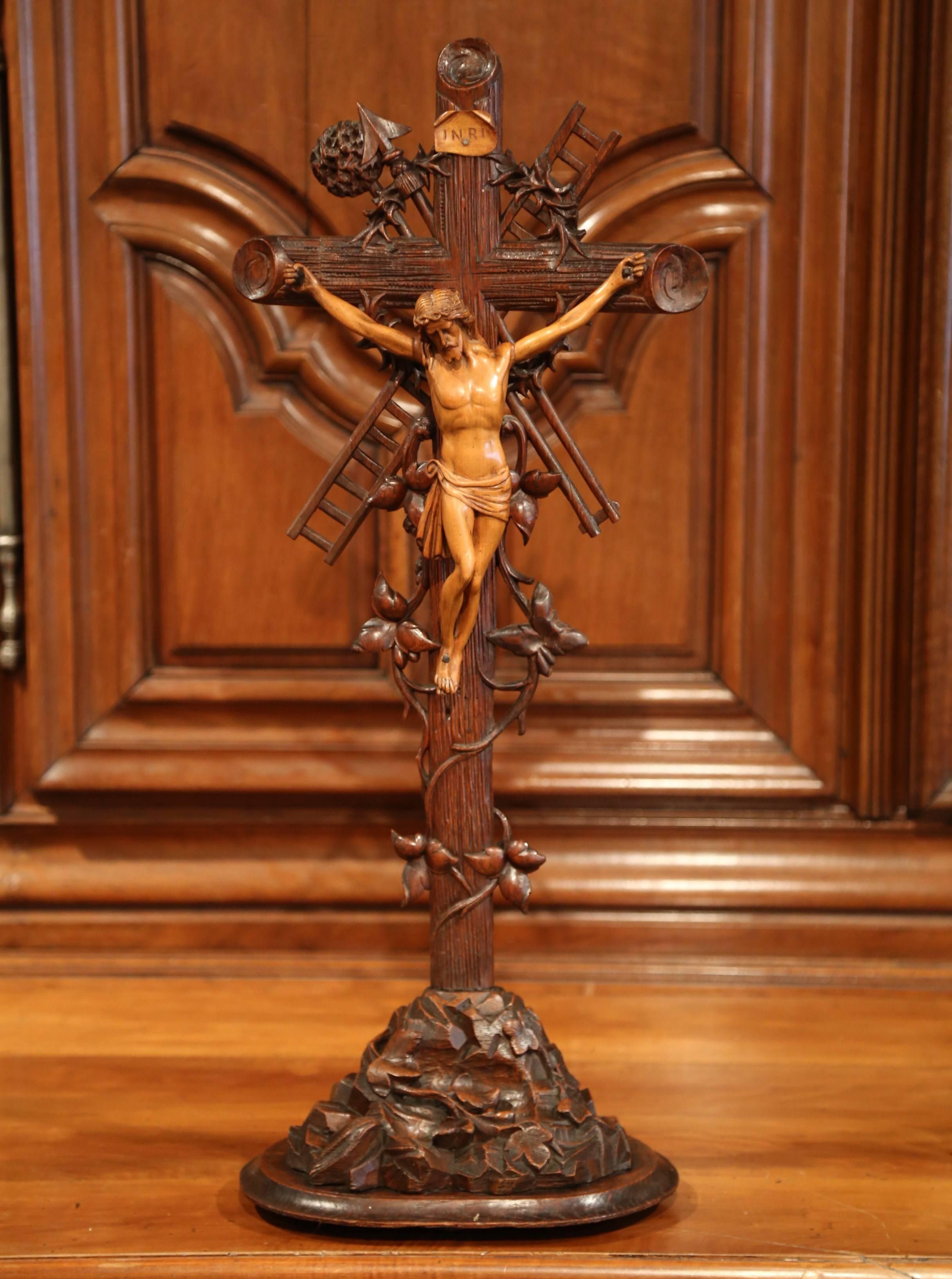 Tall 19th Century French Black Forest Carved Walnut Crucifix with Jesus Christ 1