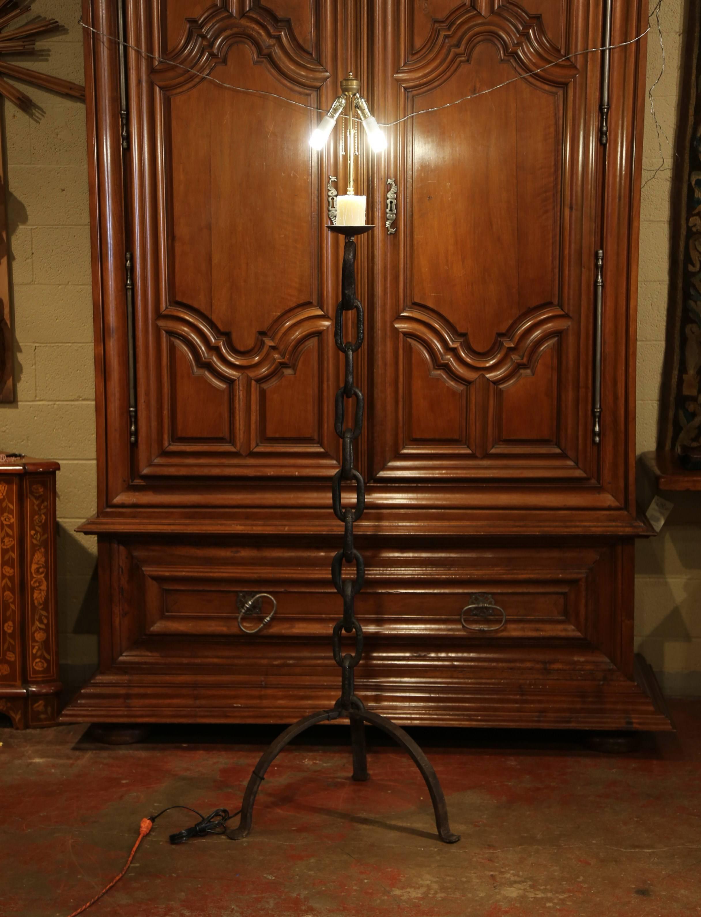 19th Century French Black Forged Iron Anchor Rope Floor Lamp In Excellent Condition In Dallas, TX