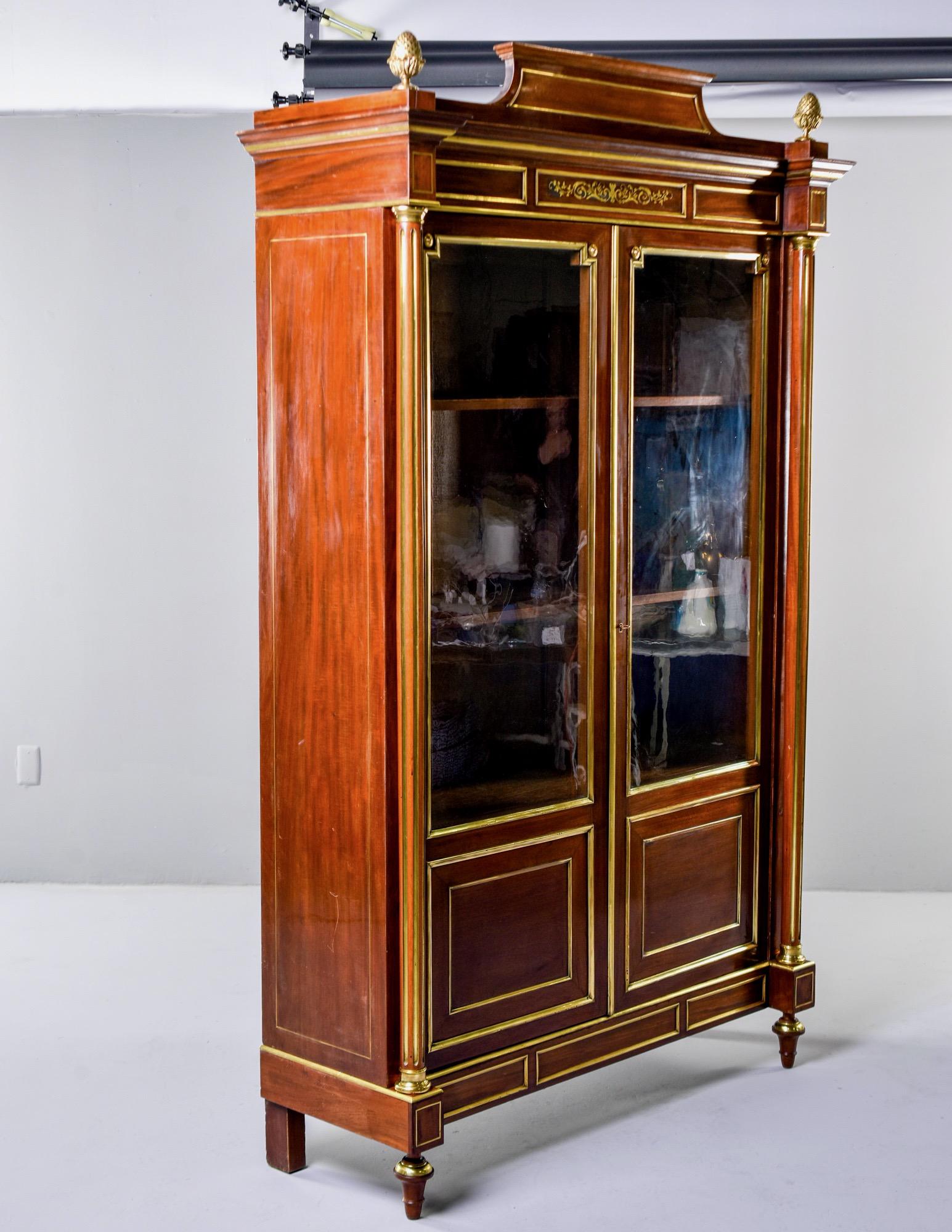 Tall 19th Century Louis XVI Style Vitrine with Brass Detailing and Inlay 12