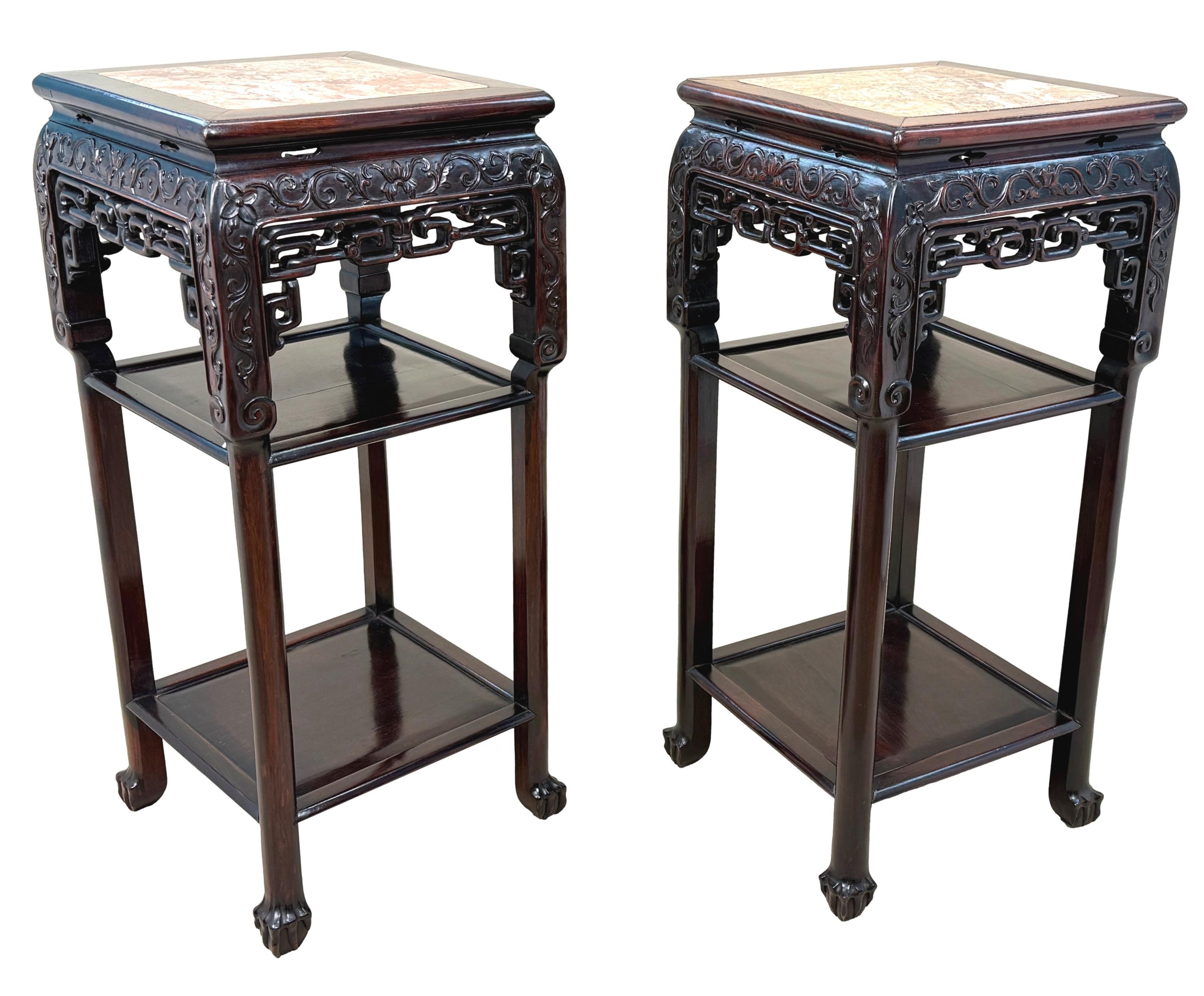 A Very Good Quality And Extremely Attractive Pair Of Late 19th Century Oriental Hardwood Pot Stands, Or Lamp Tables, Having Attractive Rouge Marble Inset Tops, Over Lovely Foliate Carved And Pierced Friezes, With Two Further Panelled Tiers To Turned