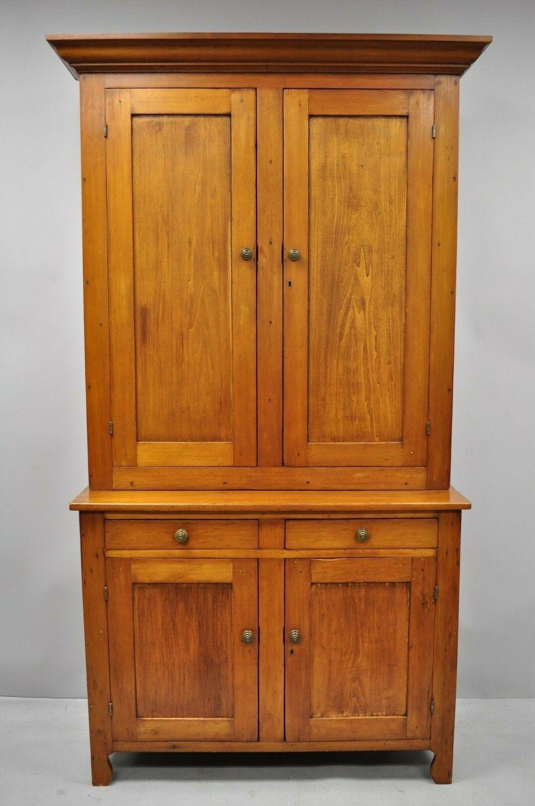 Tall 19th Century Pine Wood Blind Doors Step Back Cupboard Hutch Cabinet 4