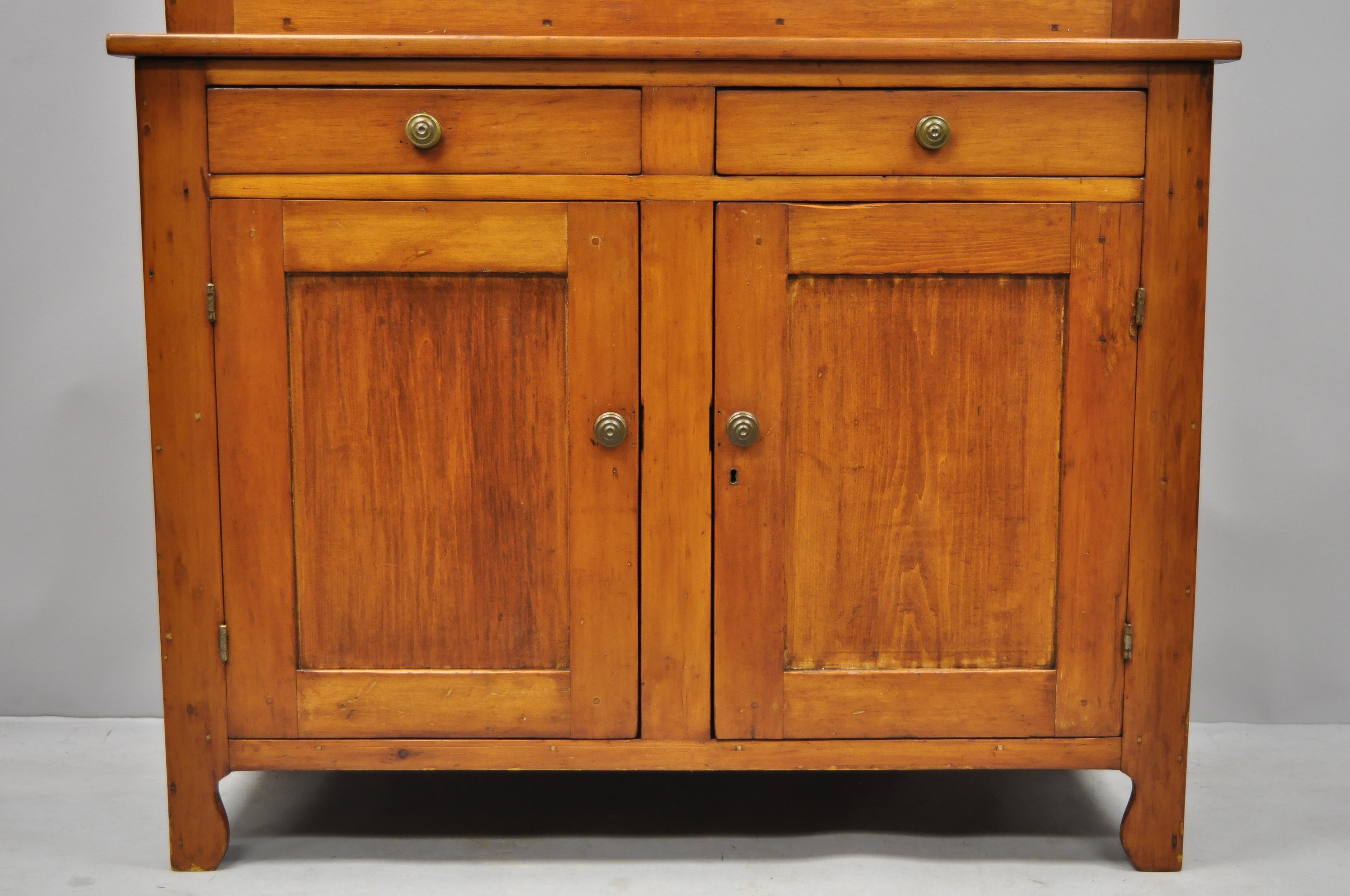 Tall 19th Century Pine Wood Blind Doors Step Back Cupboard Hutch Cabinet In Good Condition In Philadelphia, PA