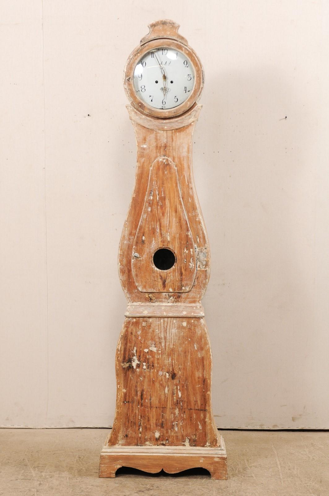 A 19th century Swedish grandfather clock. This antique tall clock from Sweden features a flattened arch shaped raised bonnet atop a round-shaped head, raindrop shaped body, neck and waist are accentuated with trim molding, and the body is supported