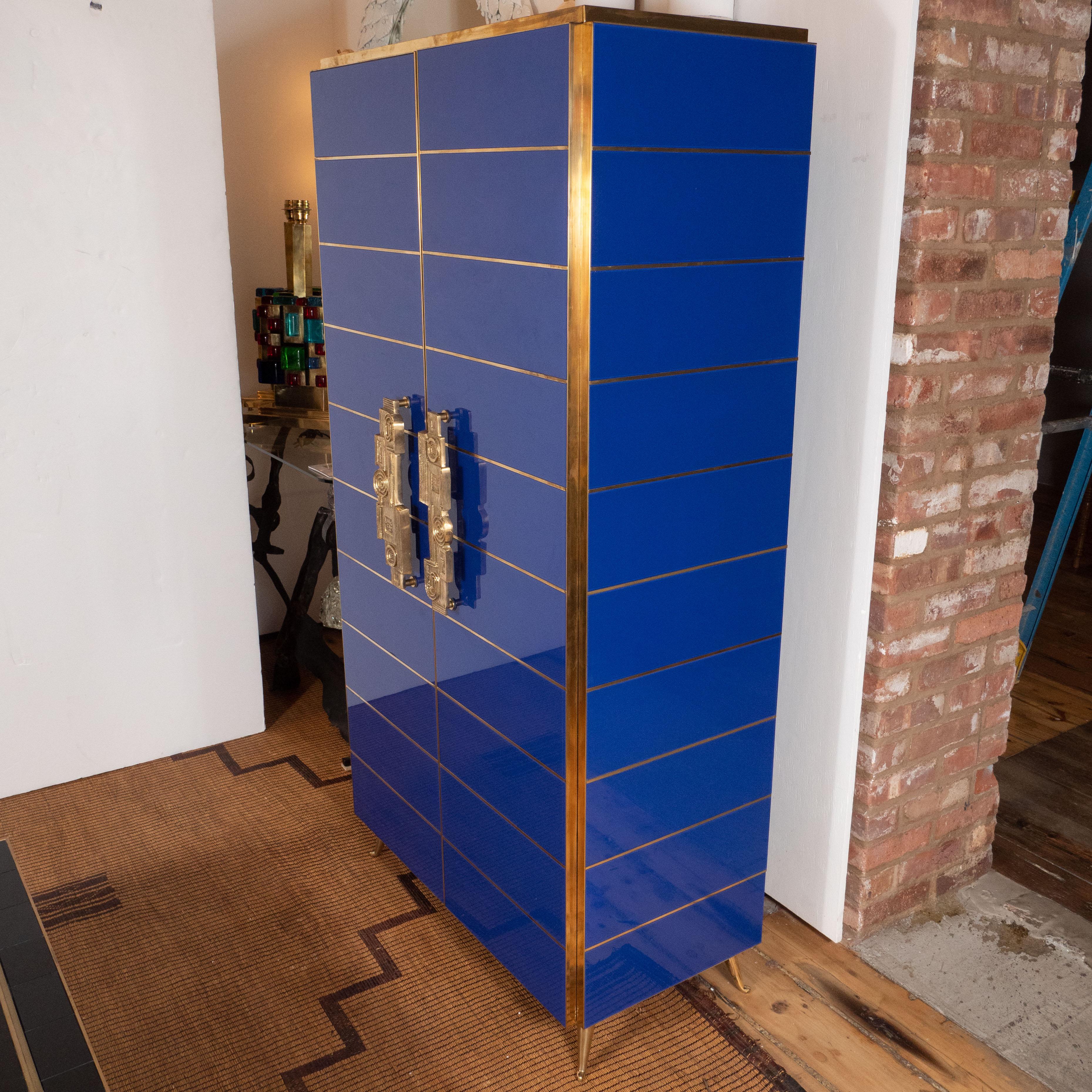 Tall 2-Door Cobalt Blue Glass with Brass Inlays Cabinet or Dry Bar, Italy 1