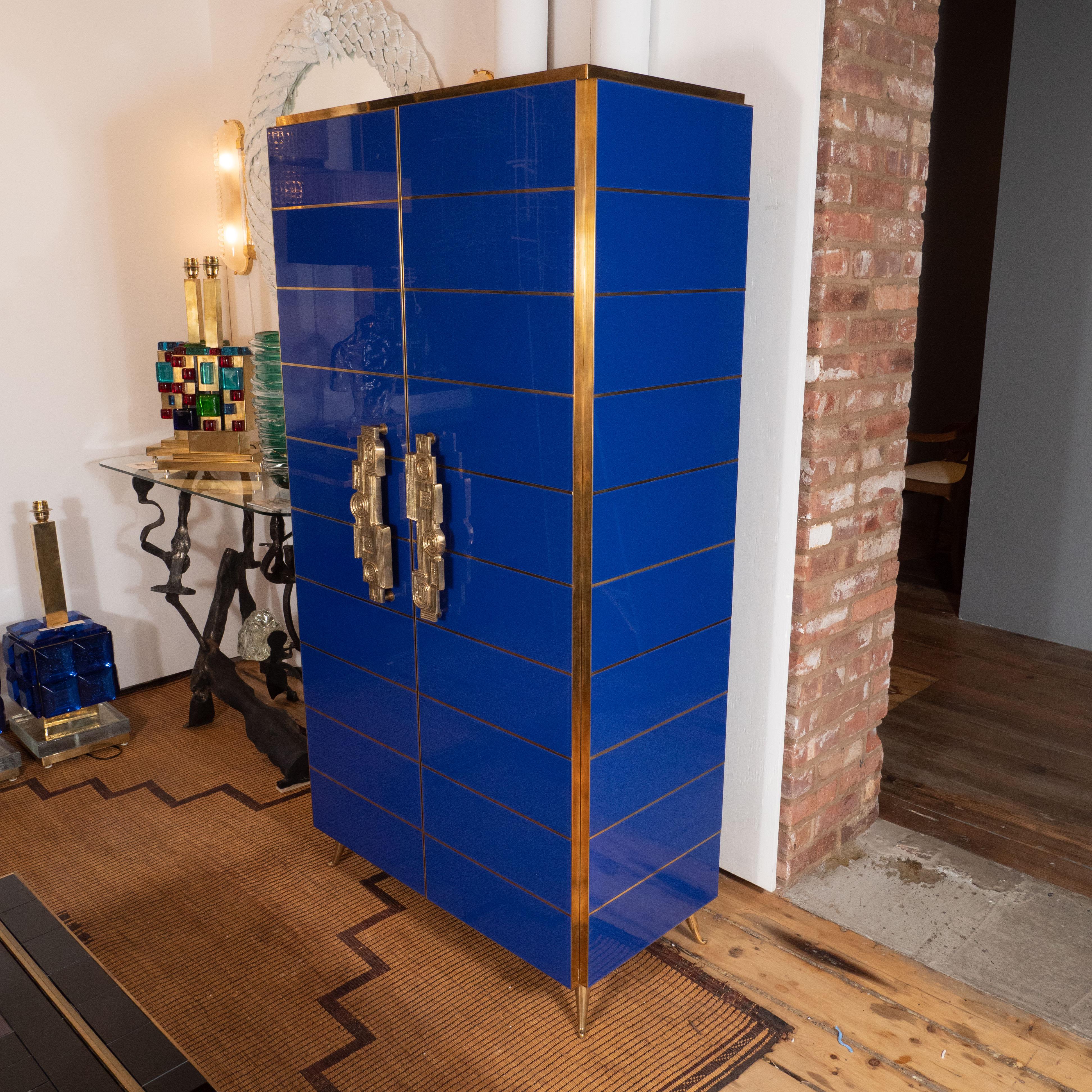 Italian Tall 2-Door Cobalt Blue Glass with Brass Inlays Cabinet or Dry Bar, Italy