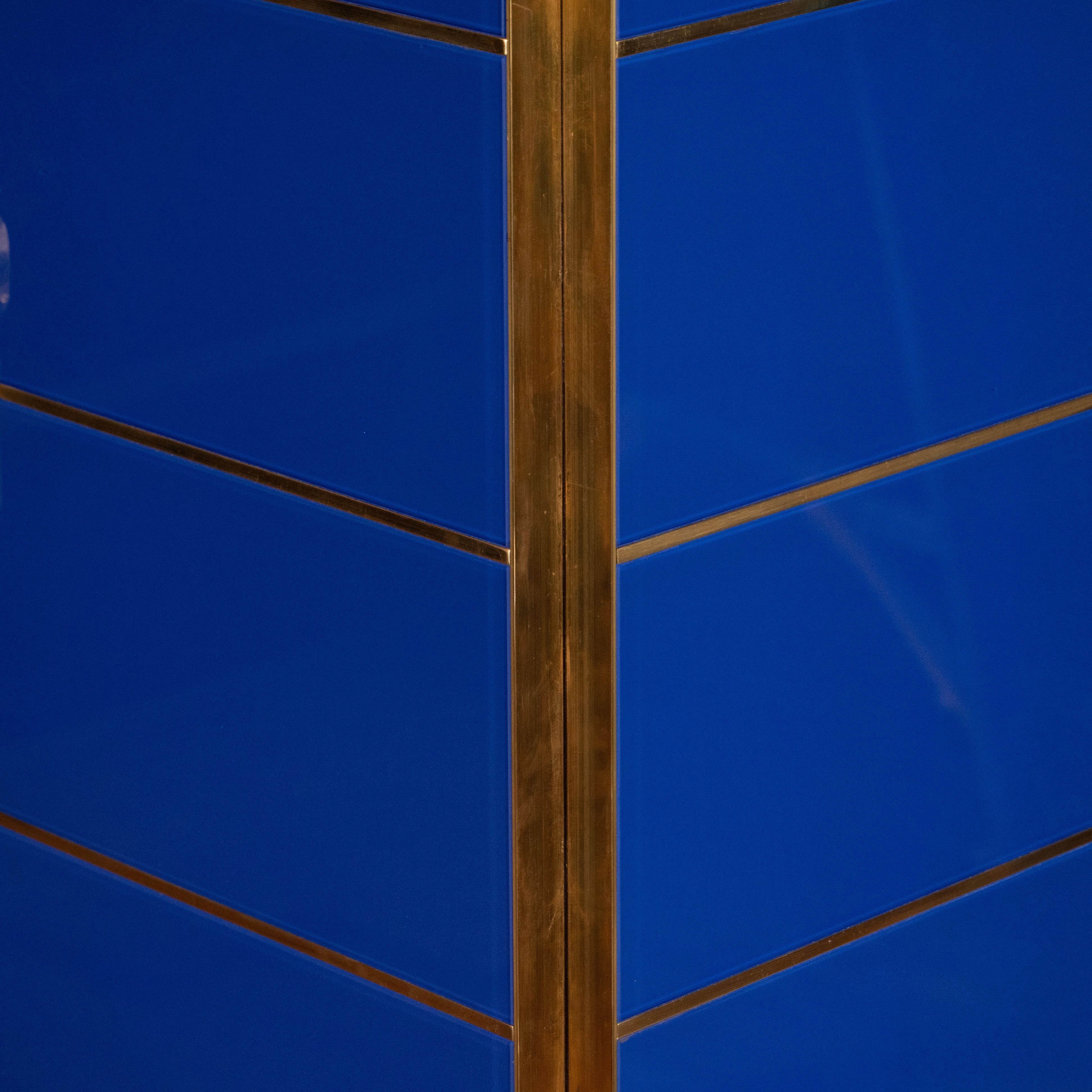 Hand-Crafted Tall 2-Door Cobalt Blue Glass with Brass Inlays Cabinet or Dry Bar, Italy